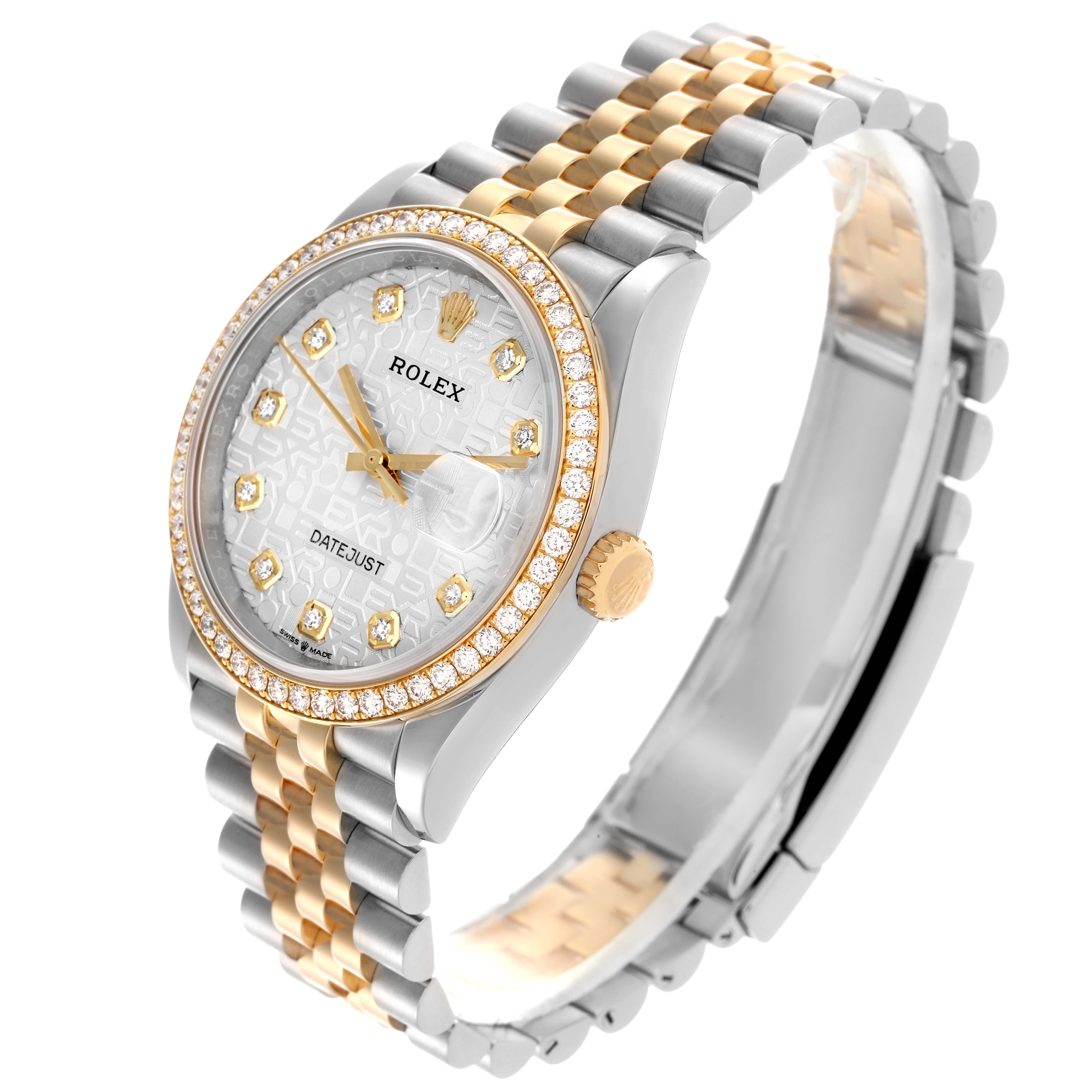 The Rolex Datejust 126283 Men
s Steel and Gold (two tone) Silver Dial 126283 Men
s Steel and Gold (two tone) Silver Dial watch is shown from a three-quarter angle highlighting the dial, bezel, and bracelet.