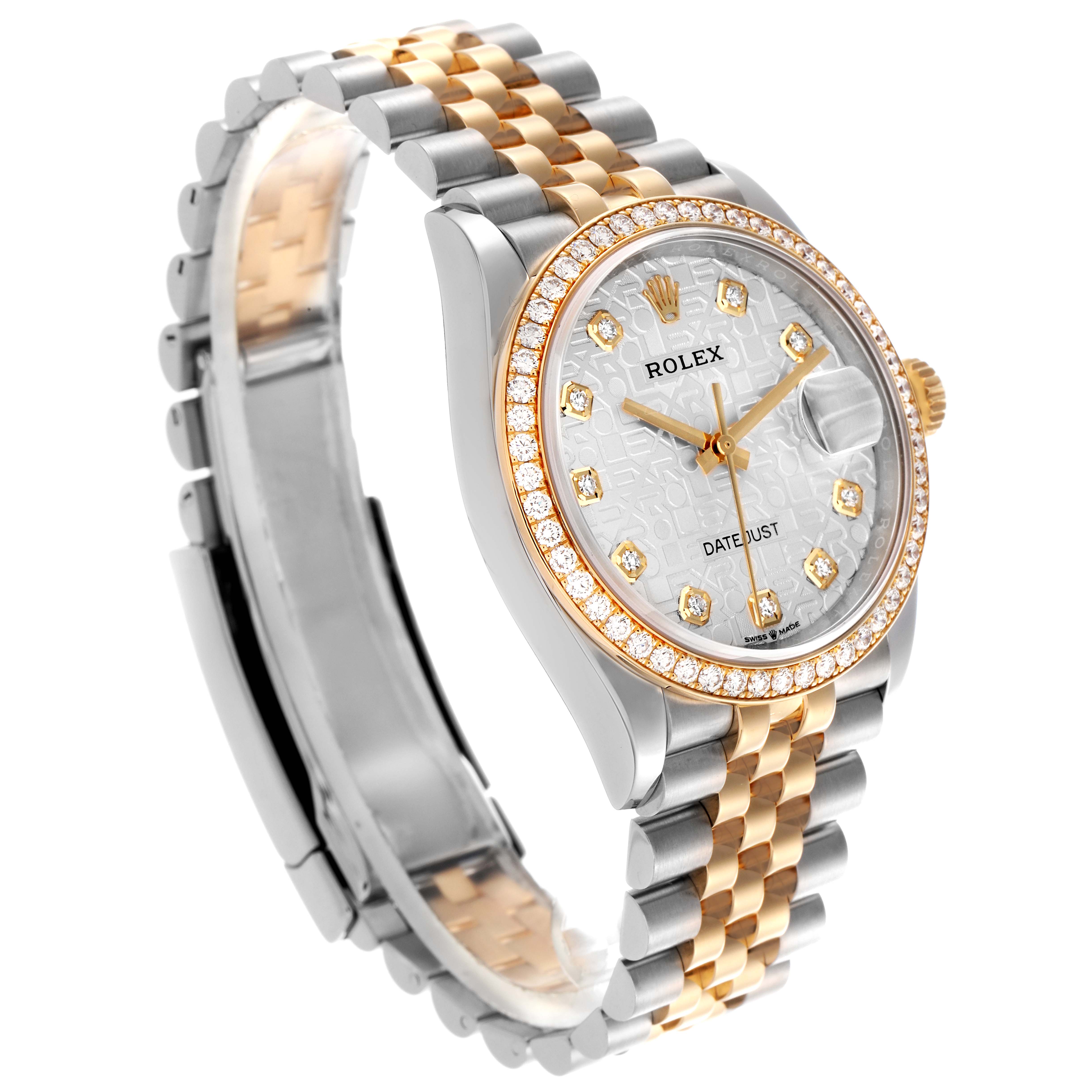 The Rolex Datejust 126283 Men
s Steel and Gold (two tone) Silver Dial 126283 Men
s Steel and Gold (two tone) Silver Dial watch is angled slightly to the right, showing the dial, bezel, and bracelet.