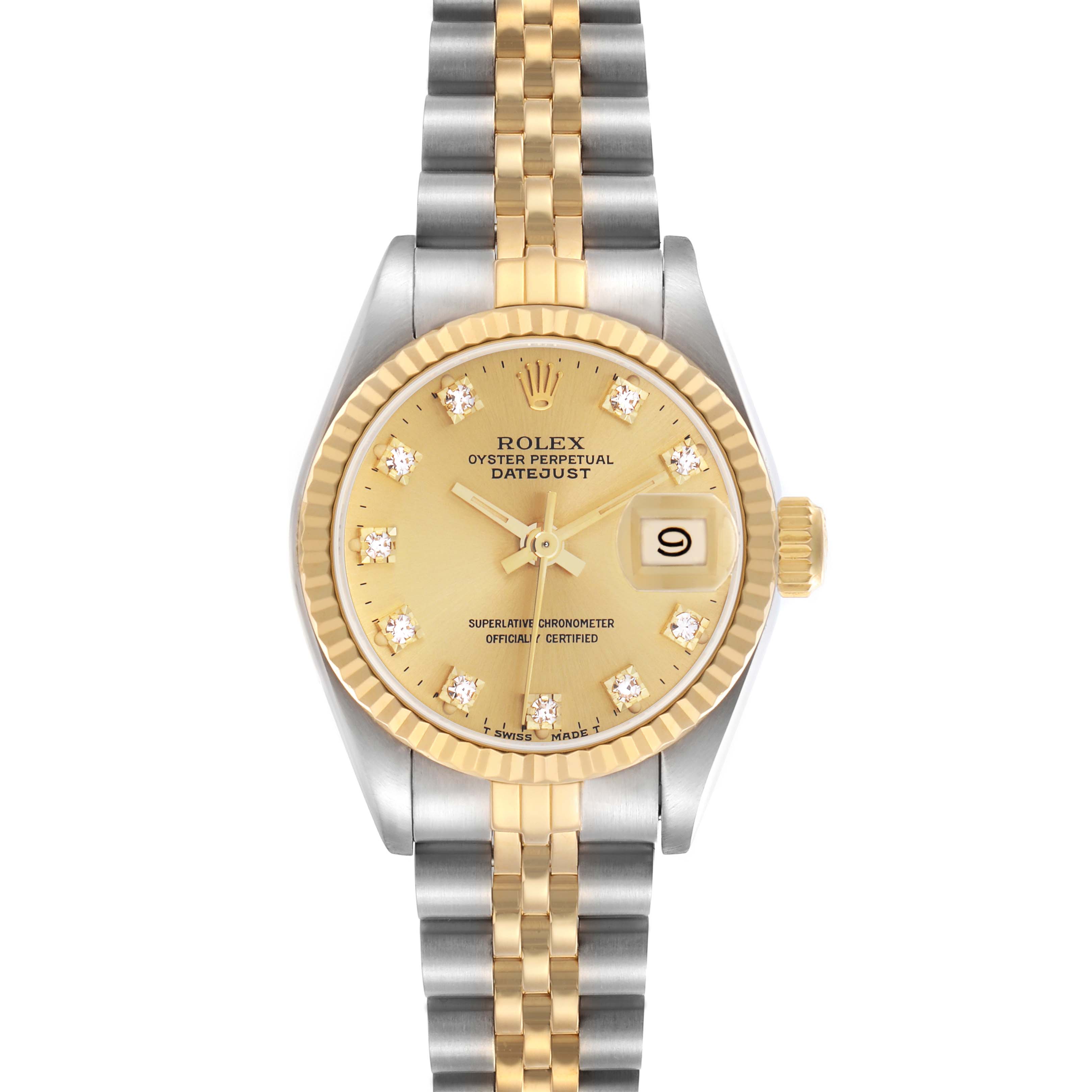 The Rolex Datejust 69173 Women's Steel and Gold (two tone) Champagne Dial 69173 Women's Steel and Gold (two tone) Champagne Dial watch is shown from a top-down angle, displaying the face, bezel, crown, and bracelet.