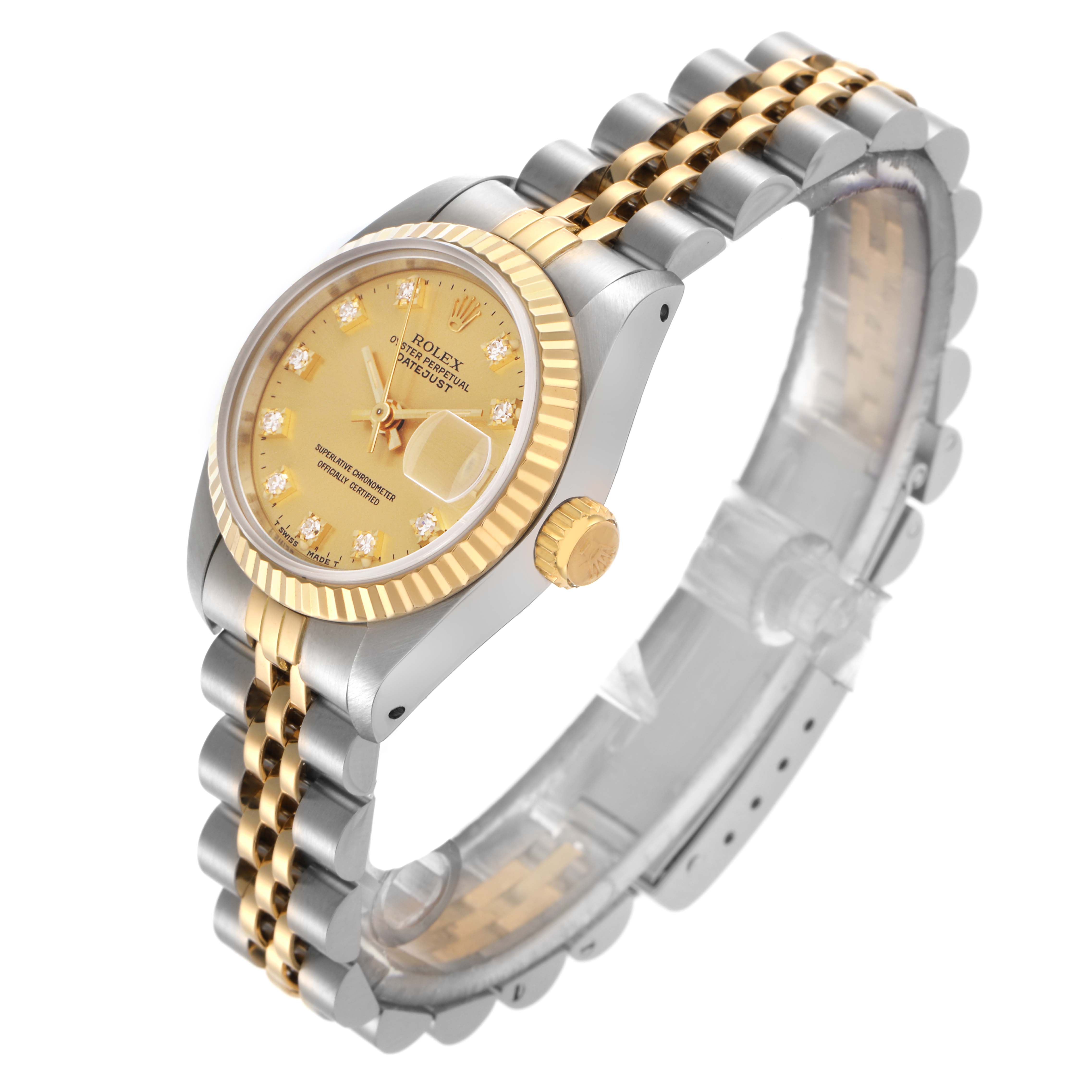 This Rolex Datejust 69173 Women's Steel and Gold (two tone) Champagne Dial 69173 Women's Steel and Gold (two tone) Champagne Dial watch is shown at a three-quarter angle, highlighting the gold bezel, crown, and two-tone bracelet.