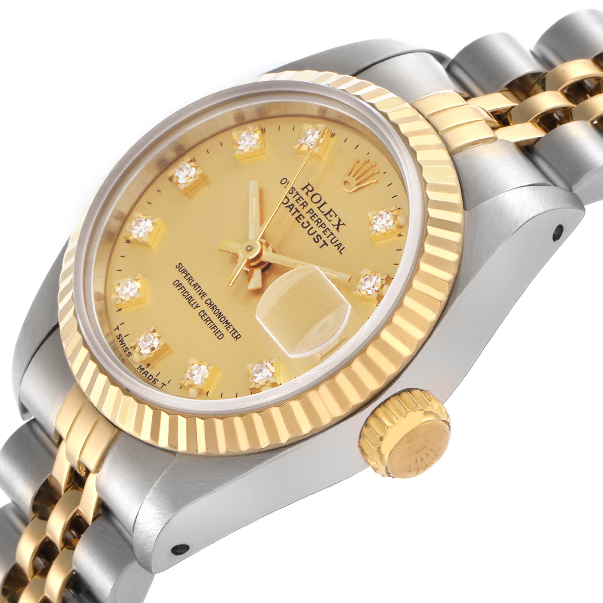 The Rolex Datejust 69173 Women's Steel and Gold (two tone) Champagne Dial 69173 Women's Steel and Gold (two tone) Champagne Dial watch is shown at an angled view, displaying the dial, bezel, crown, and part of the bracelet.