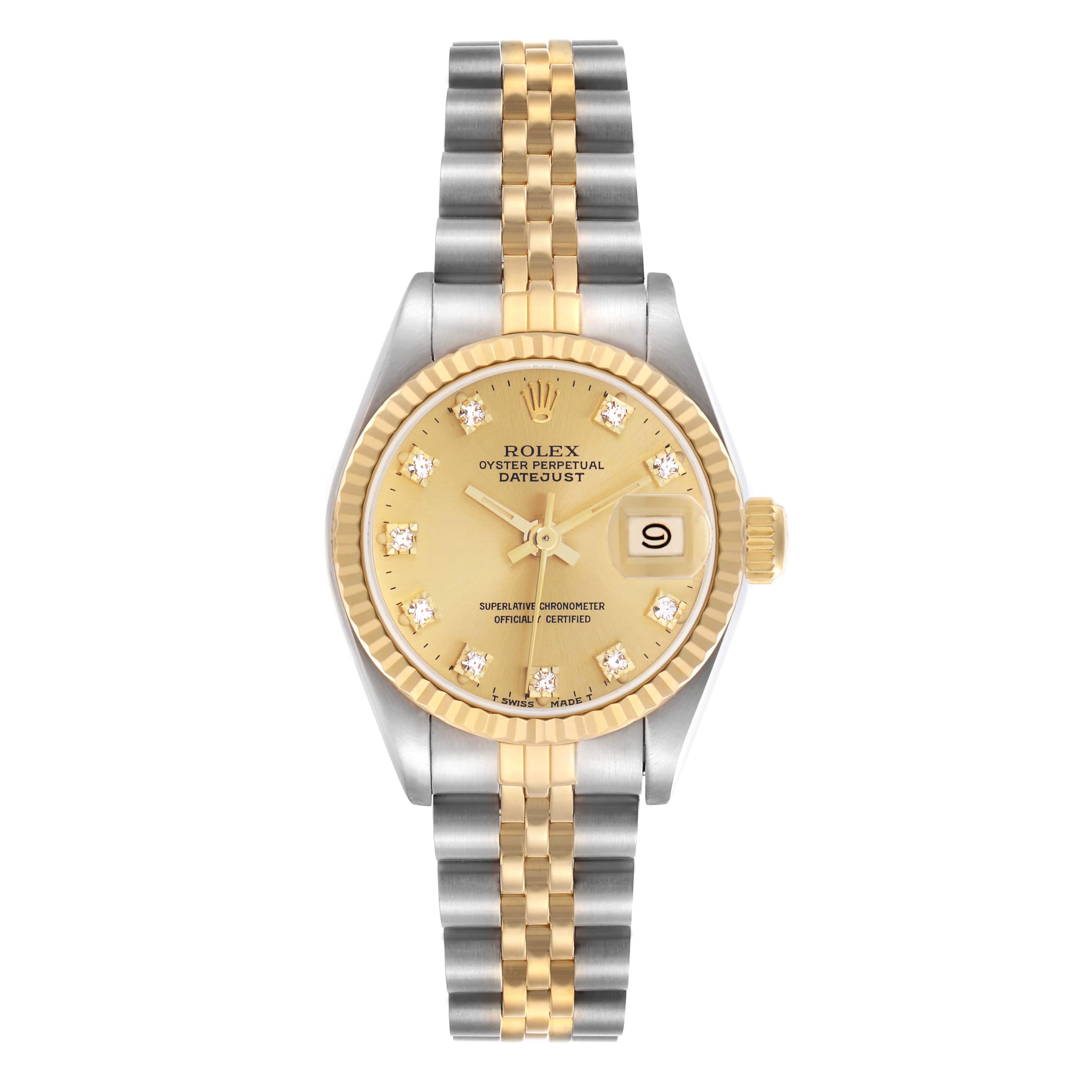 The Rolex Datejust 69173 Women's Steel and Gold (two tone) Champagne Dial 69173 Women's Steel and Gold (two tone) Champagne Dial watch is shown from a front angle, displaying the dial, bezel, and two-tone bracelet.