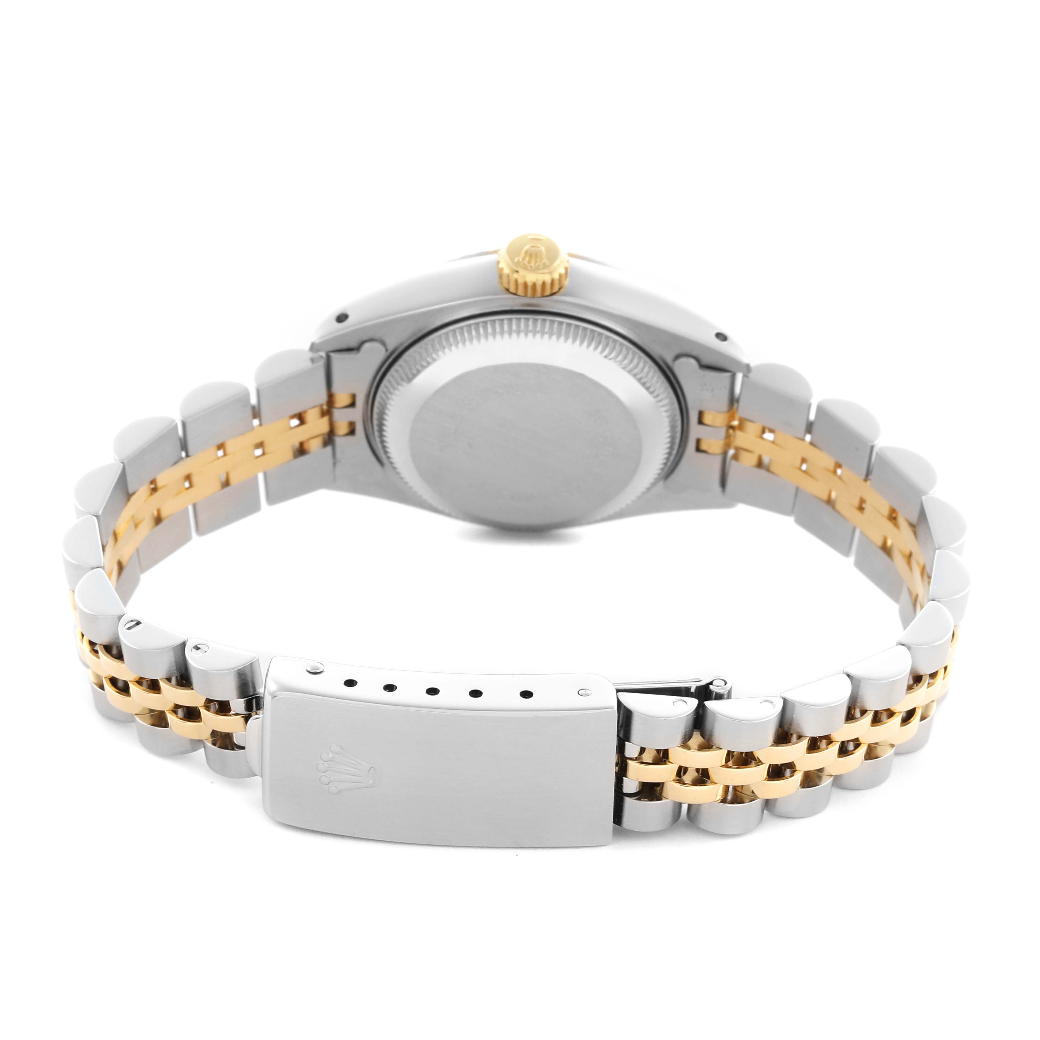 The image shows the back of the Rolex Datejust 69173 Women's Steel and Gold (two tone) Champagne Dial 69173 Women's Steel and Gold (two tone) Champagne Dial, including the case, crown, and Jubilee bracelet with a clasp.