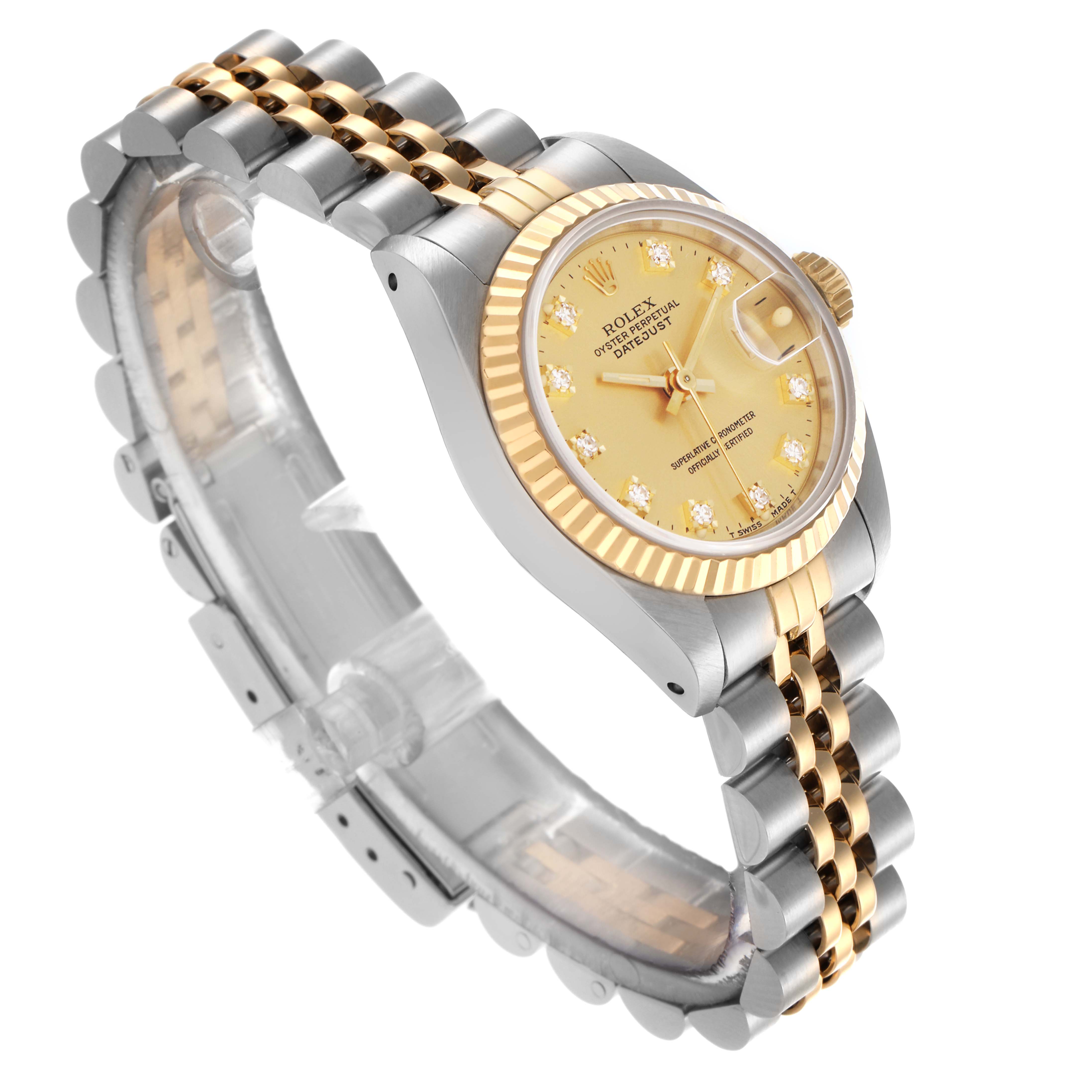 The Rolex Datejust 69173 Women's Steel and Gold (two tone) Champagne Dial 69173 Women's Steel and Gold (two tone) Champagne Dial watch is shown at an angled side view, highlighting the dial, bezel, and two-tone bracelet.
