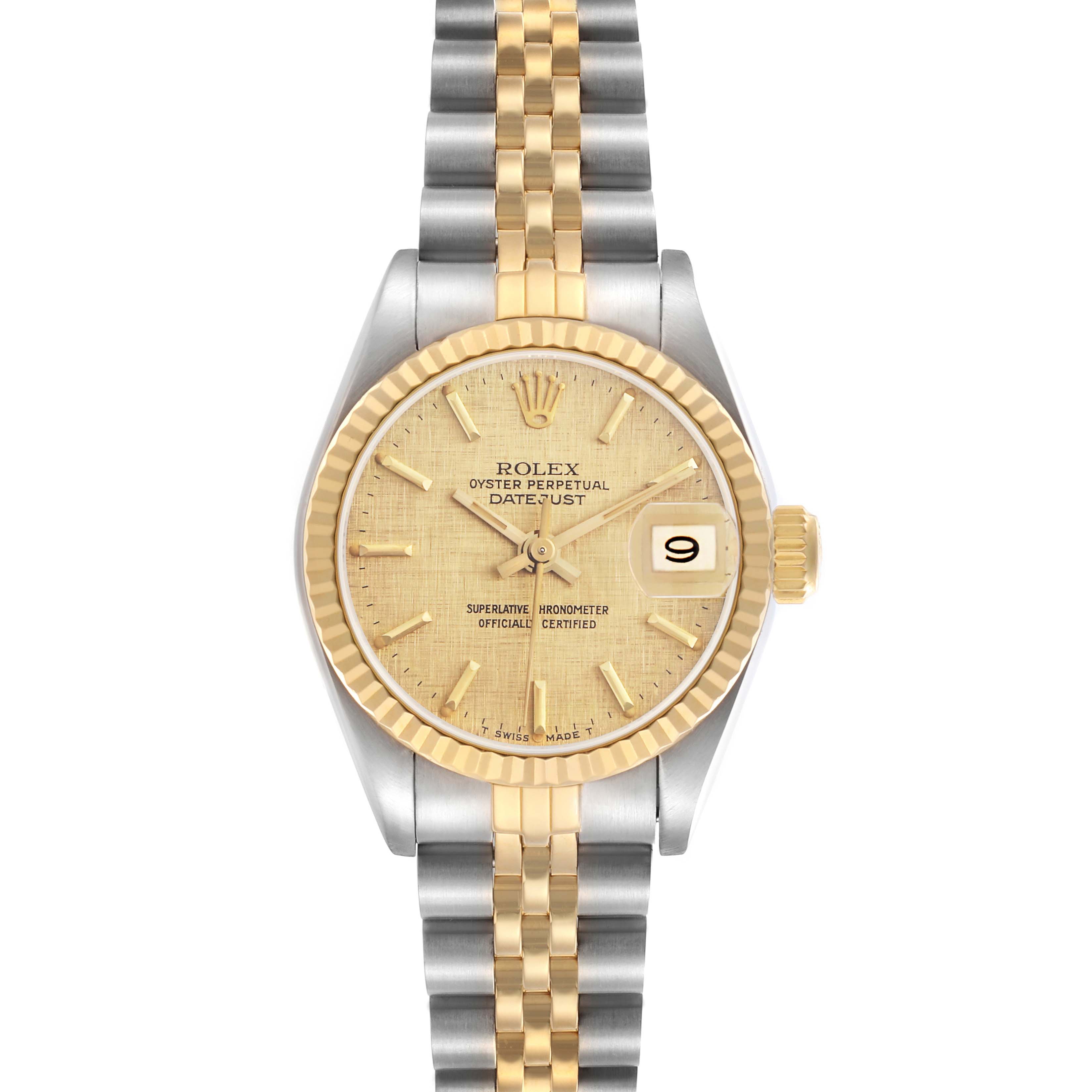 The image shows a frontal view of a Rolex Datejust 69173 Women's Steel and Gold (two tone) Champagne Dial 69173 Women's Steel and Gold (two tone) Champagne Dial watch, highlighting the dial, bezel, crown, and bracelet.