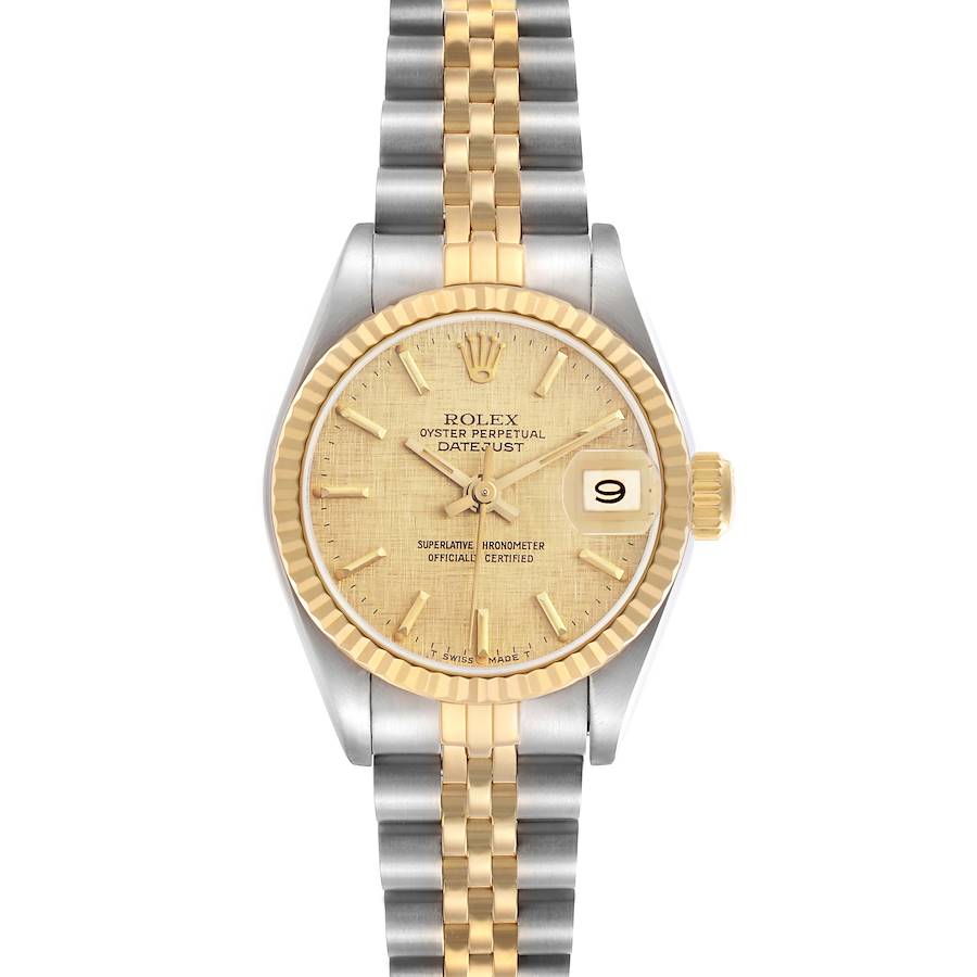 The image shows a frontal view of a Rolex Datejust watch, highlighting the dial, bezel, crown, and bracelet.