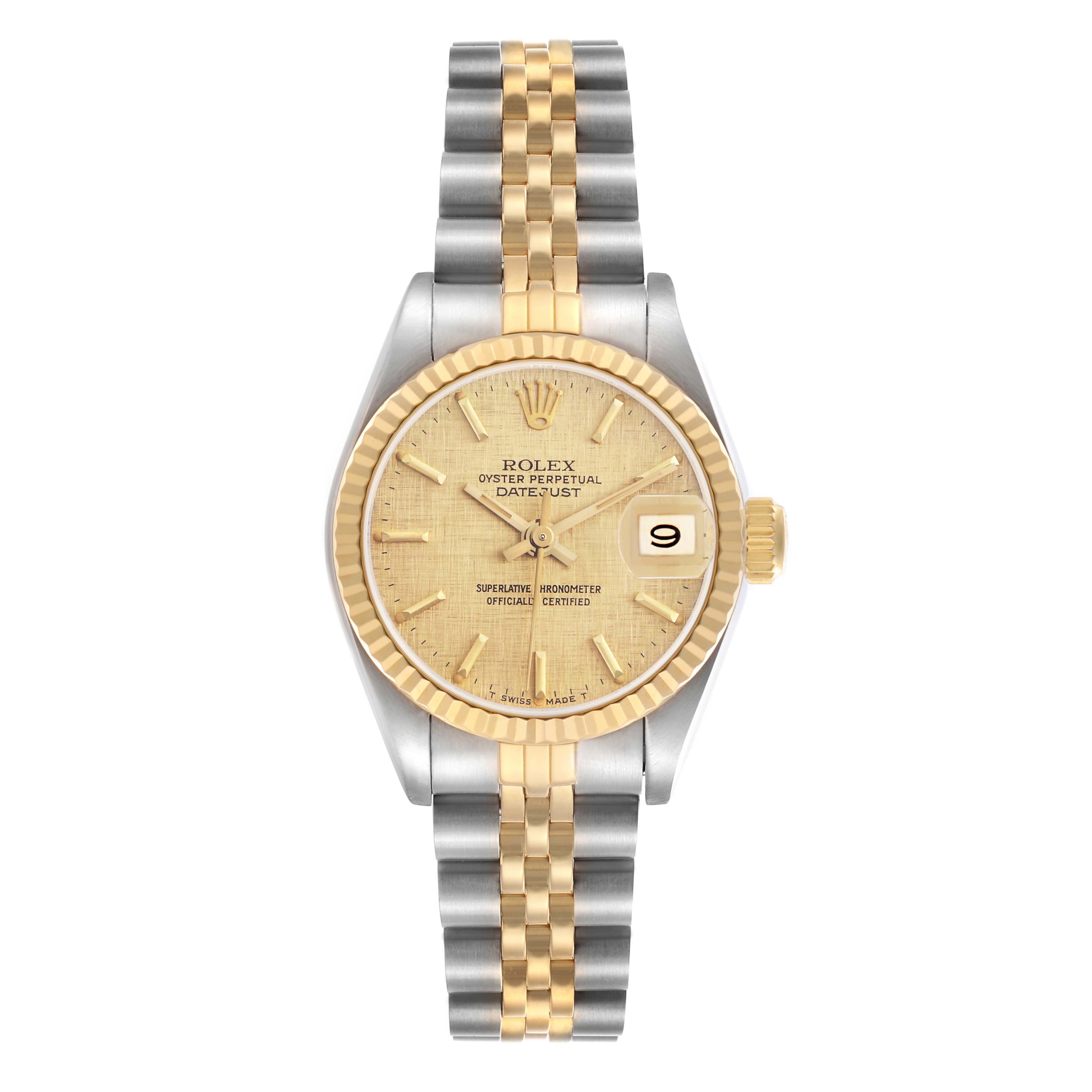 The image shows a front view of the Rolex Datejust 69173 Women's Steel and Gold (two tone) Champagne Dial 69173 Women's Steel and Gold (two tone) Champagne Dial, highlighting its dial, bezel, and Jubilee bracelet.