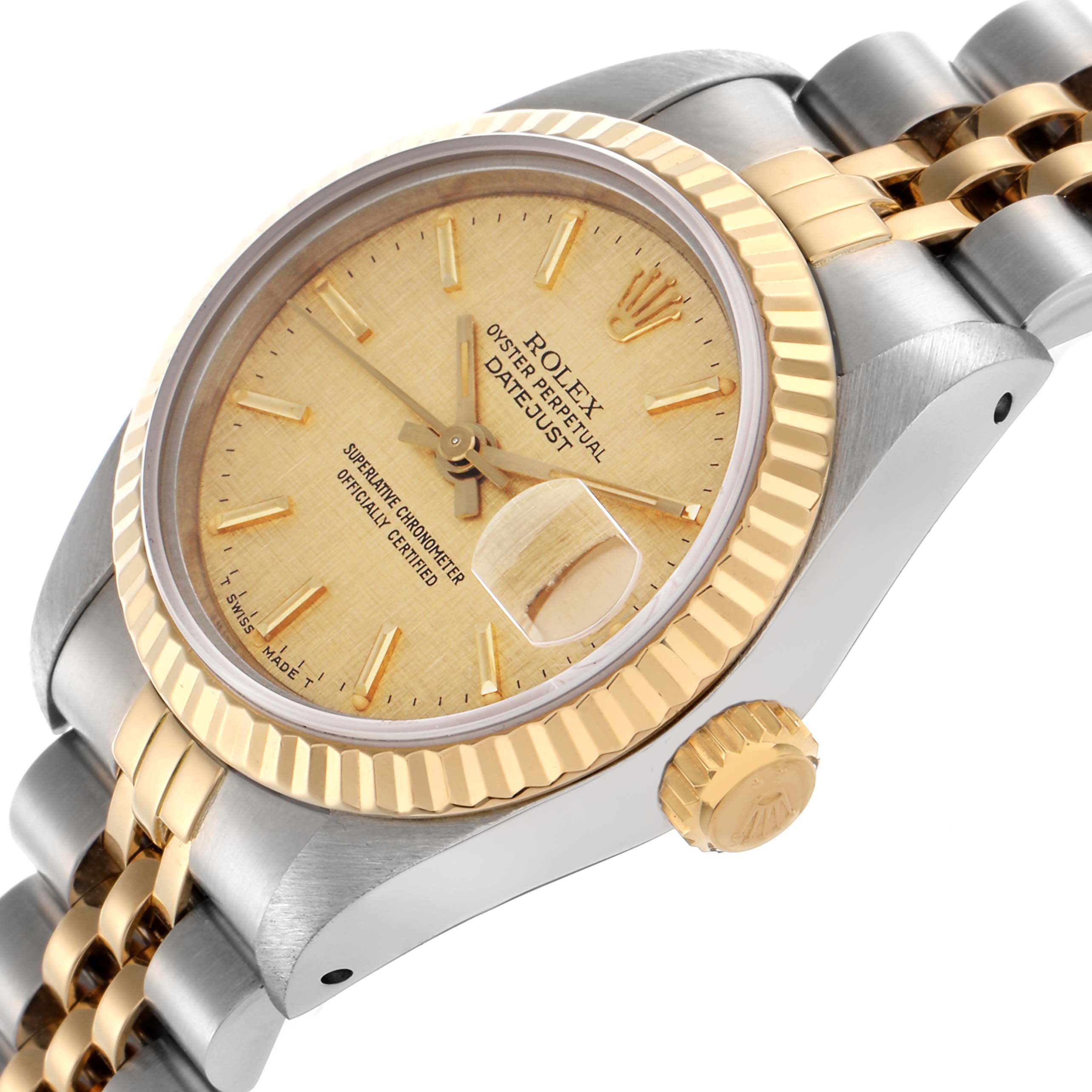 The Rolex Datejust 69173 Women's Steel and Gold (two tone) Champagne Dial 69173 Women's Steel and Gold (two tone) Champagne Dial is shown at an angled view, highlighting the gold bezel, crown, jubilee bracelet, and face with date window.