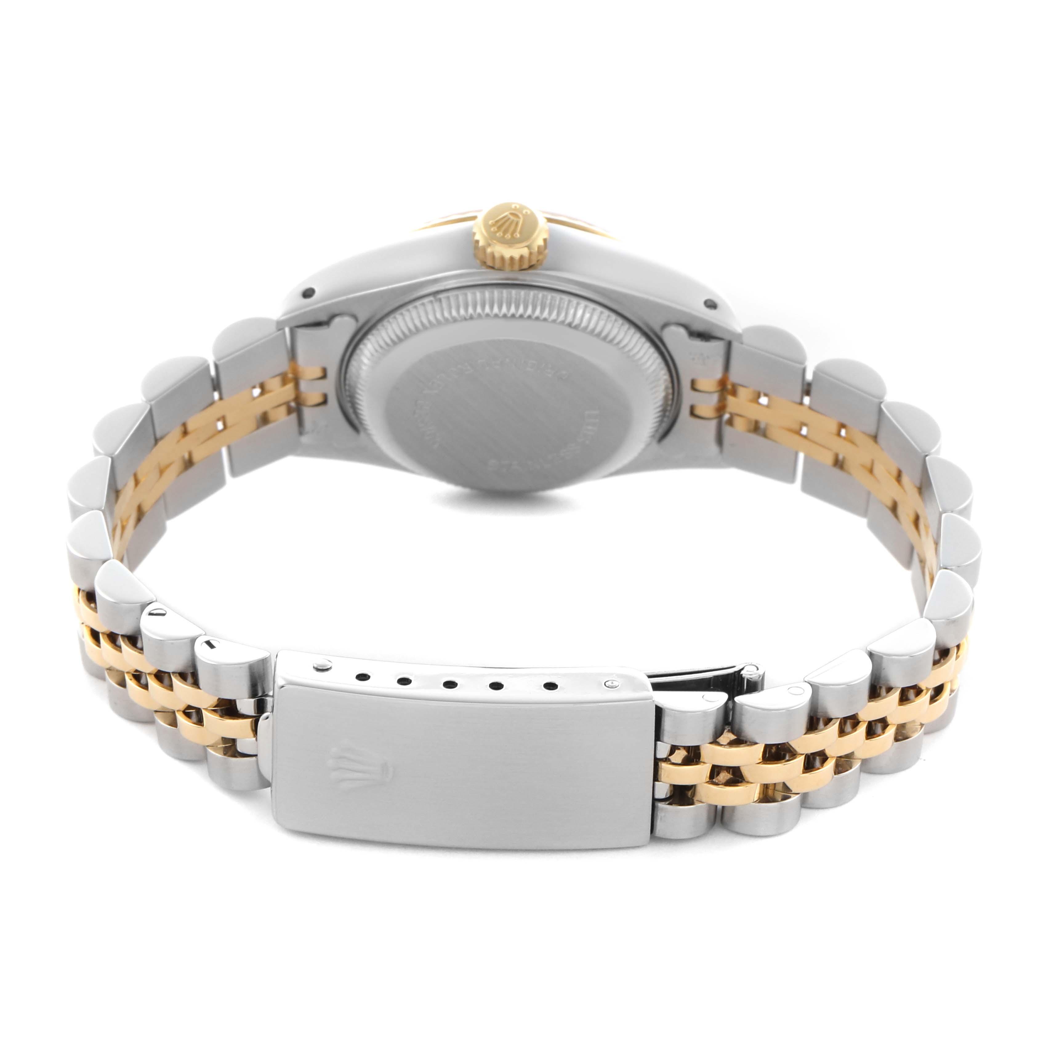 The Rolex Datejust 69173 Women's Steel and Gold (two tone) Champagne Dial 69173 Women's Steel and Gold (two tone) Champagne Dial watch is shown from the back, highlighting the case back, bracelet, and clasp.