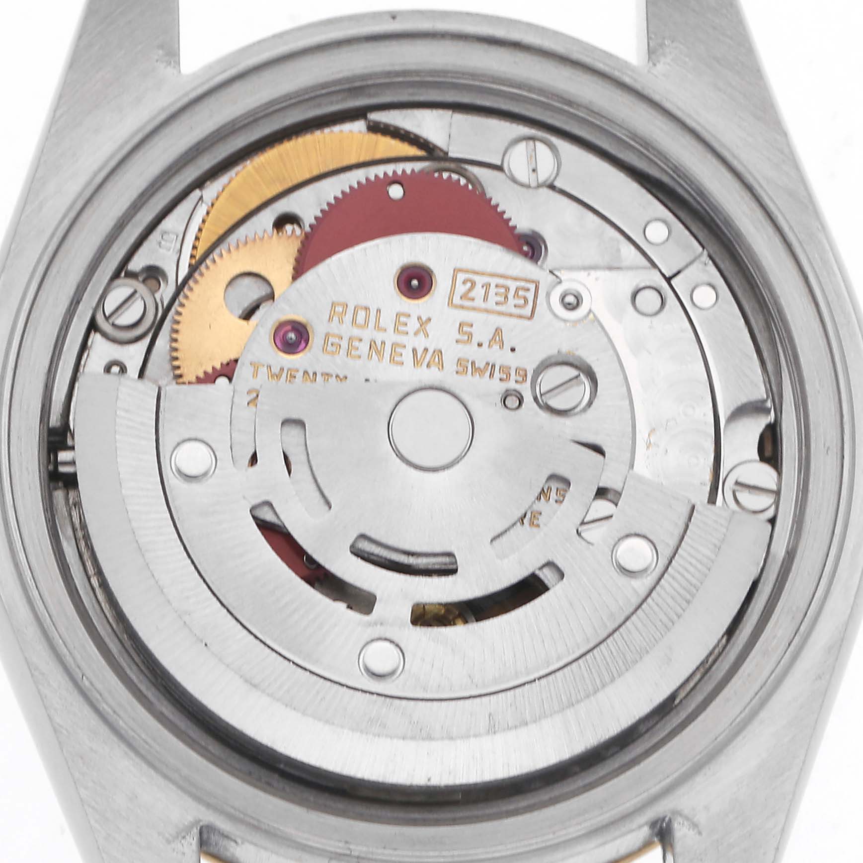 The image shows the movement mechanism of a Rolex Datejust 69173 Women's Steel and Gold (two tone) Champagne Dial 69173 Women's Steel and Gold (two tone) Champagne Dial watch from a top-down angle.