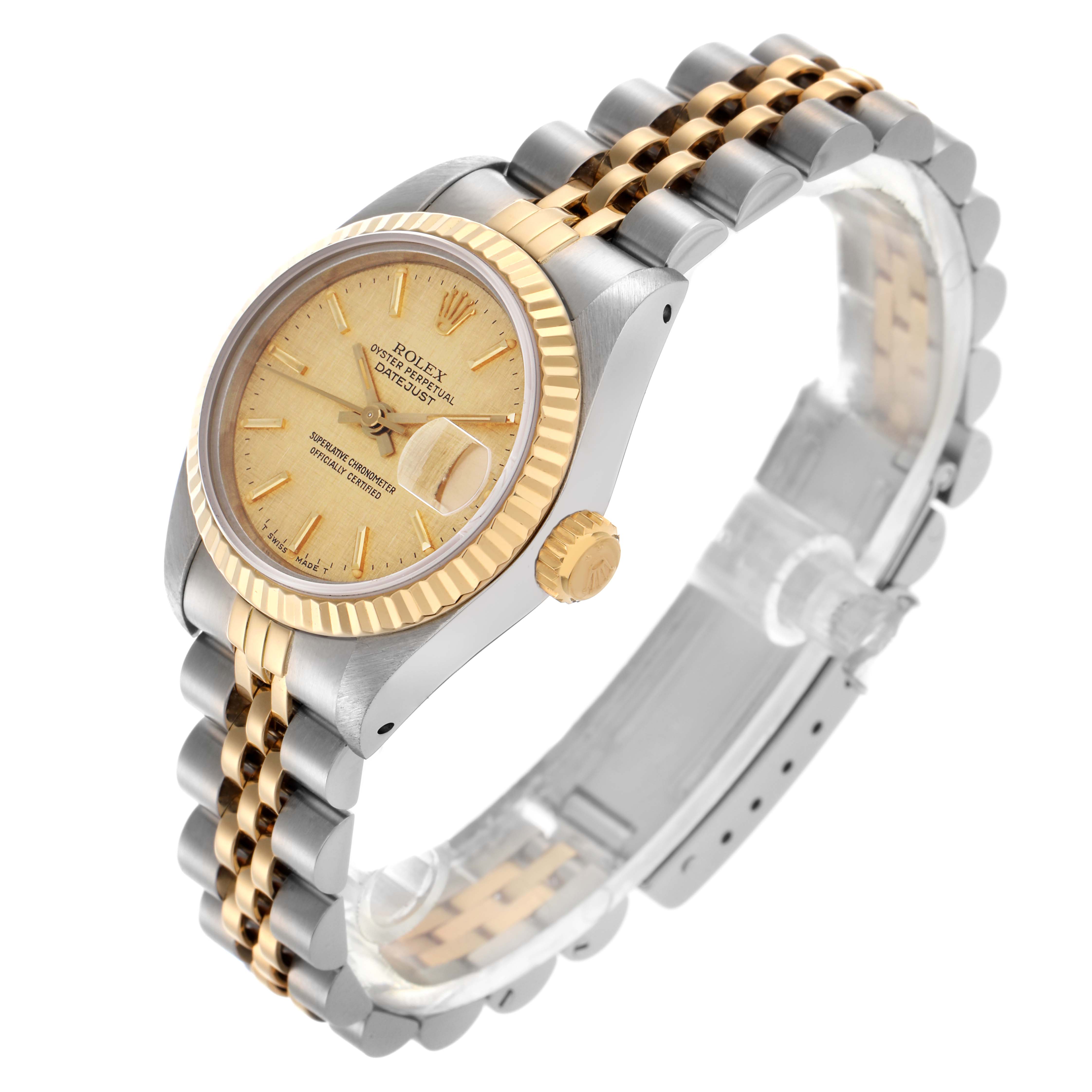 The Rolex Datejust 69173 Women's Steel and Gold (two tone) Champagne Dial 69173 Women's Steel and Gold (two tone) Champagne Dial watch is shown at a tilted angle, highlighting the face, bezel, crown, and two-tone bracelet.