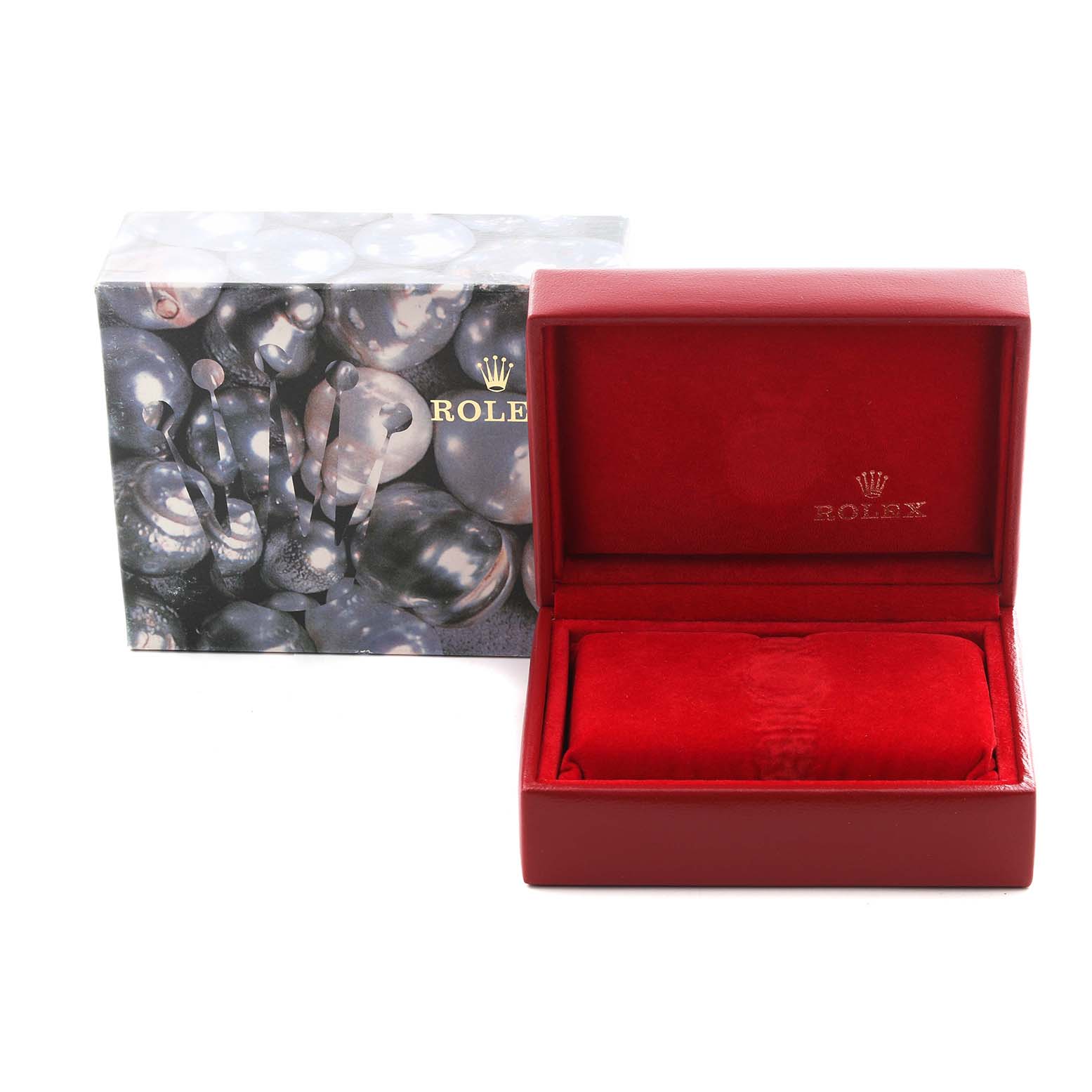 The image shows a Rolex Datejust 69173 Women's Steel and Gold (two tone) Champagne Dial 69173 Women's Steel and Gold (two tone) Champagne Dial watch box and its outer packaging, featuring a red interior and decorative exterior.