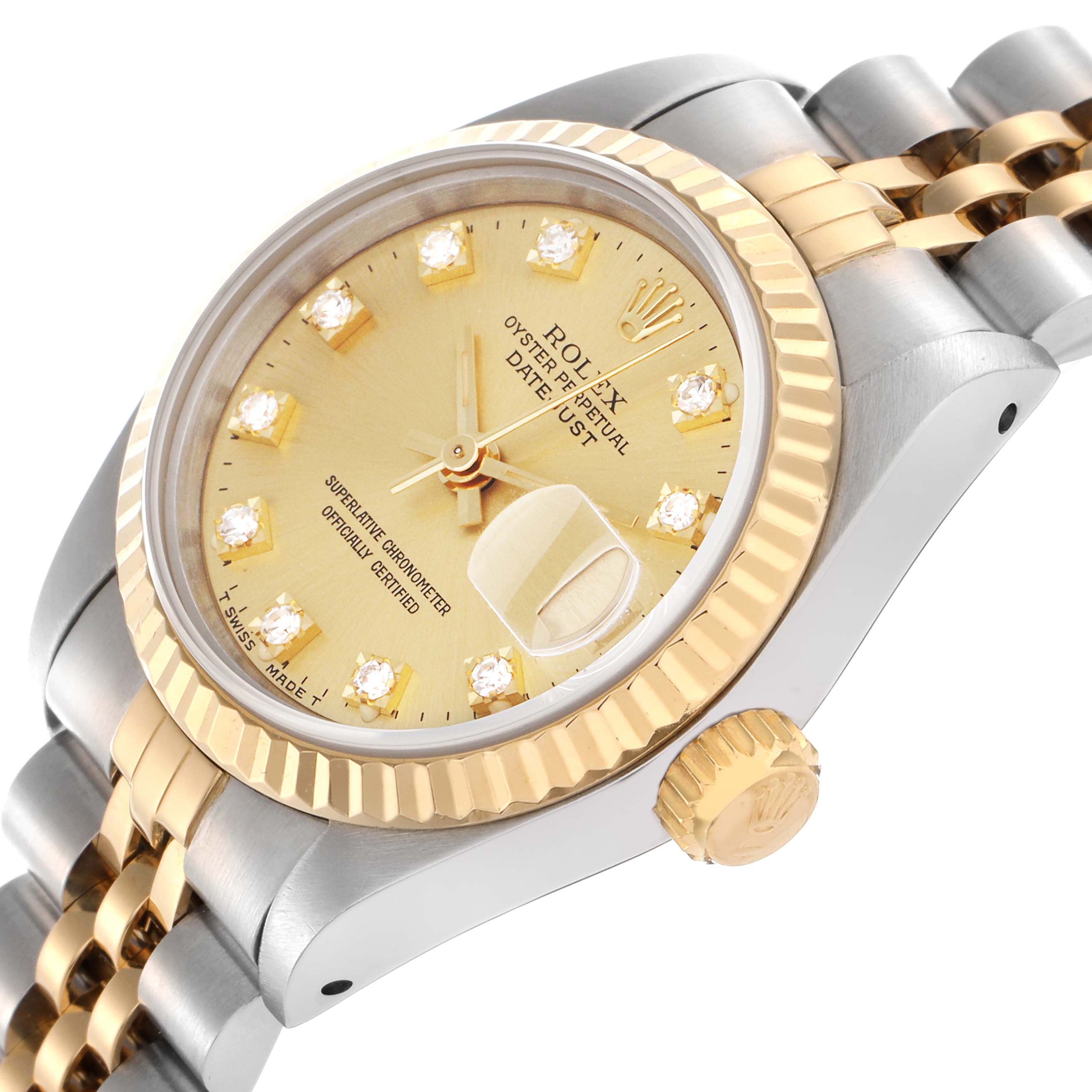 The Rolex Datejust 69173 Women's Steel and Gold (two tone) Champagne Dial 69173 Women's Steel and Gold (two tone) Champagne Dial watch is shown at a slight angle, featuring the bezel, crown, and part of the bracelet.
