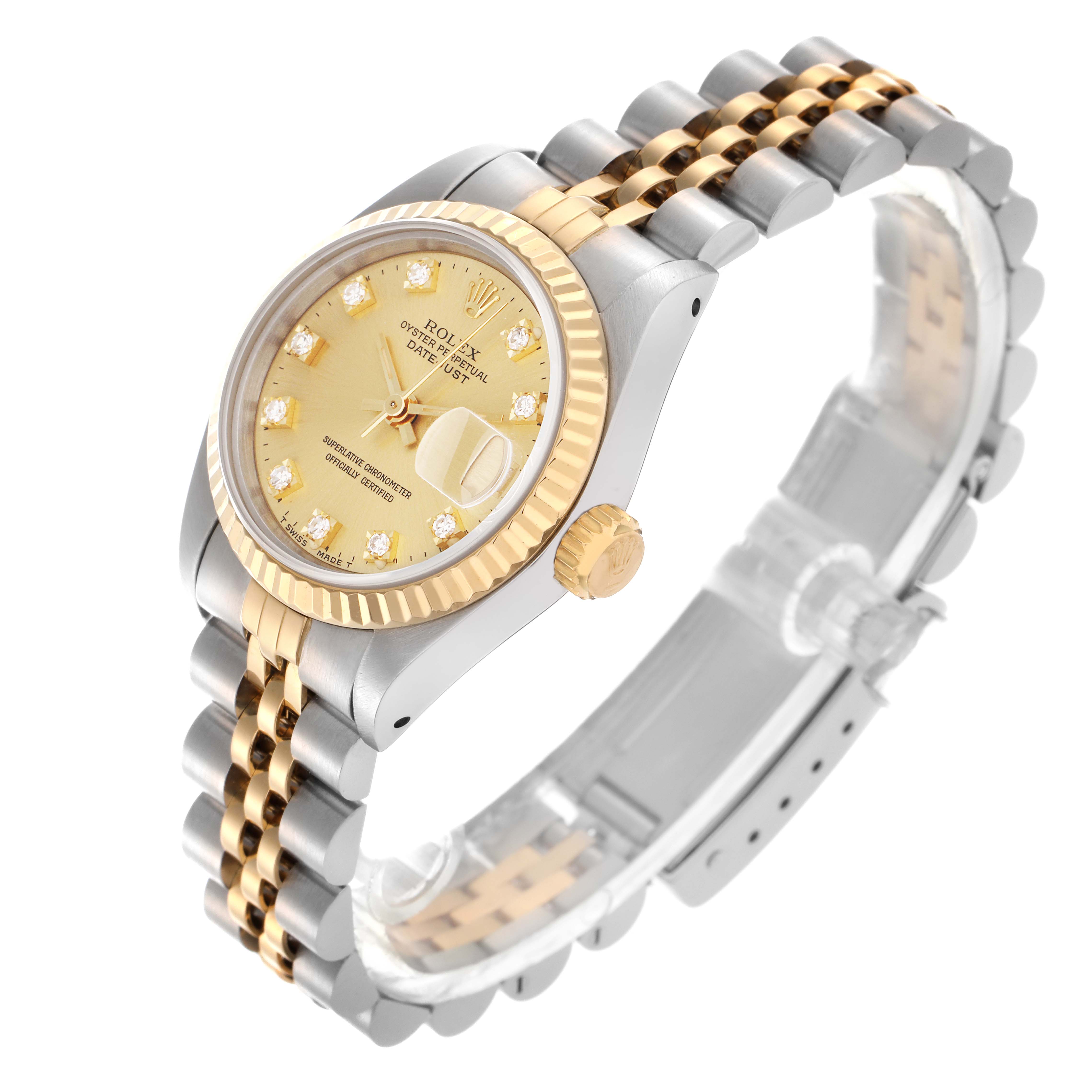 The Rolex Datejust 69173 Women's Steel and Gold (two tone) Champagne Dial 69173 Women's Steel and Gold (two tone) Champagne Dial watch is shown at an angled top view, displaying the face, bezel, crown, and part of the bracelet.