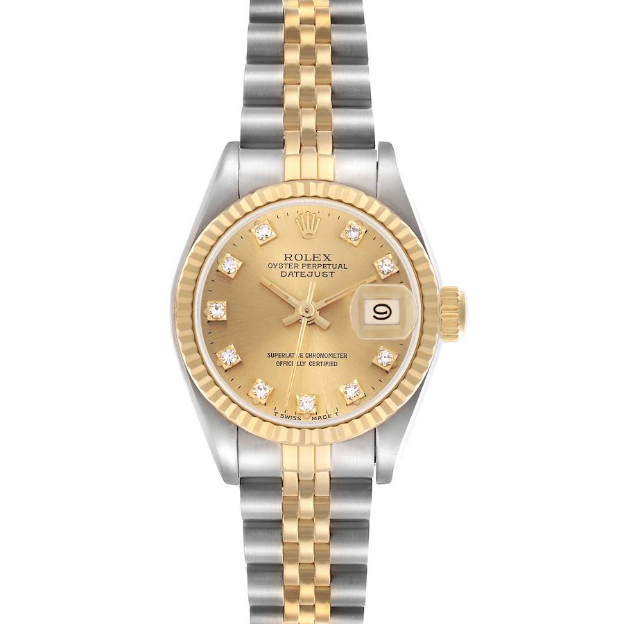 The Rolex Datejust is shown from a top angle, featuring its gold dial, diamond hour markers, fluted bezel, and two-tone bracelet.