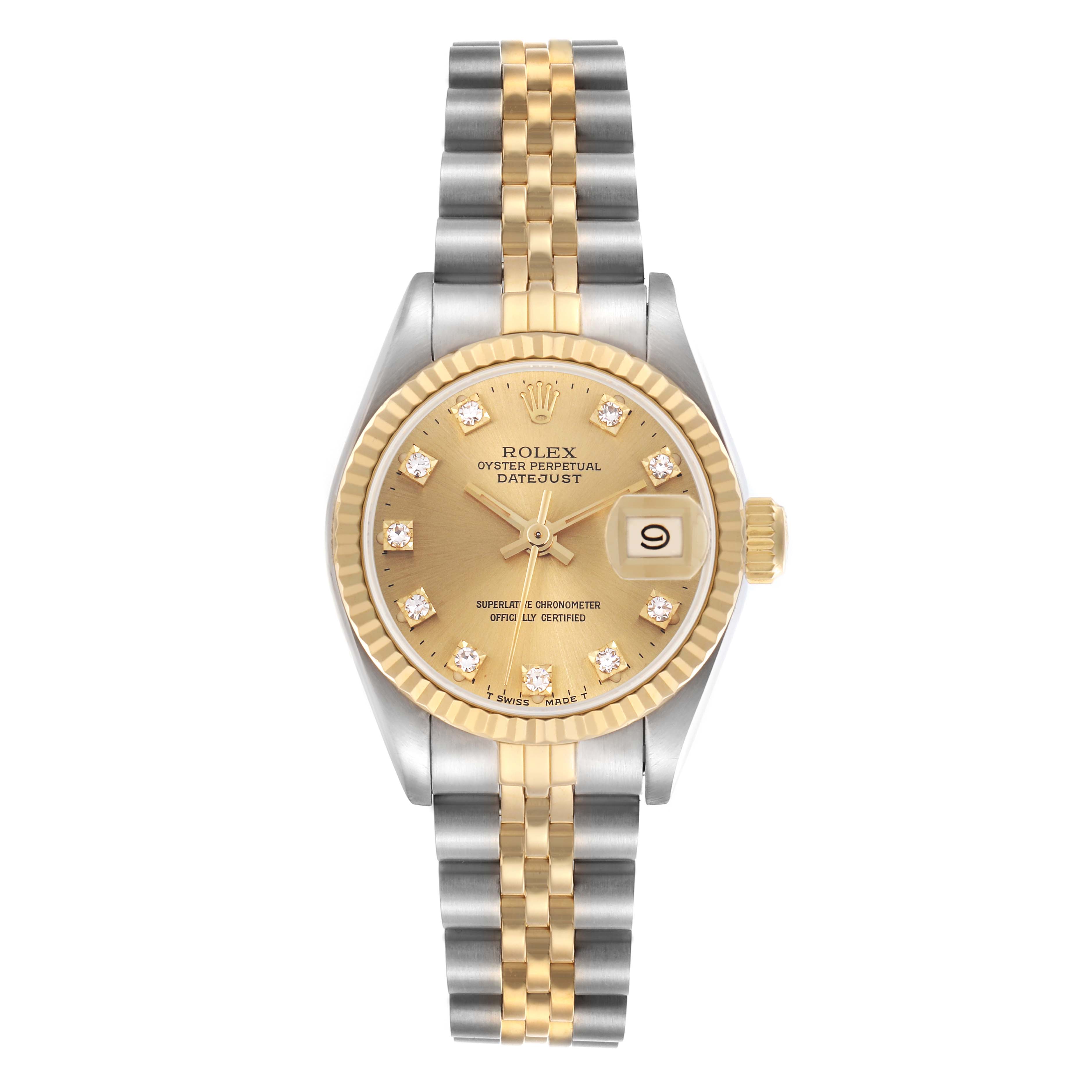 The Rolex Datejust 69173 Women's Steel and Gold (two tone) Champagne Dial 69173 Women's Steel and Gold (two tone) Champagne Dial is shown from a top-down angle, highlighting its dial, bezel, and two-tone bracelet.