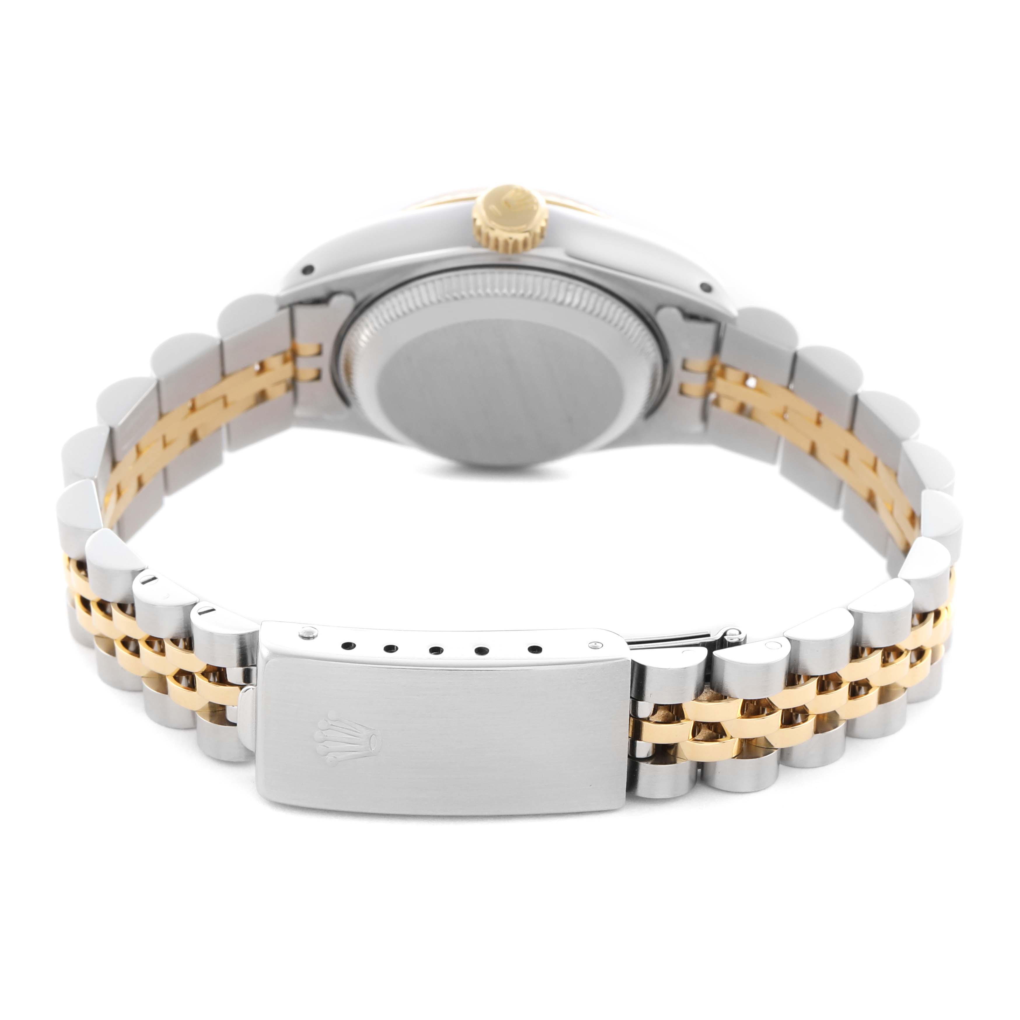 This image shows the Rolex Datejust 69173 Women's Steel and Gold (two tone) Champagne Dial 69173 Women's Steel and Gold (two tone) Champagne Dial watch from the back, highlighting the case back, crown, and two-tone bracelet with a clasp.