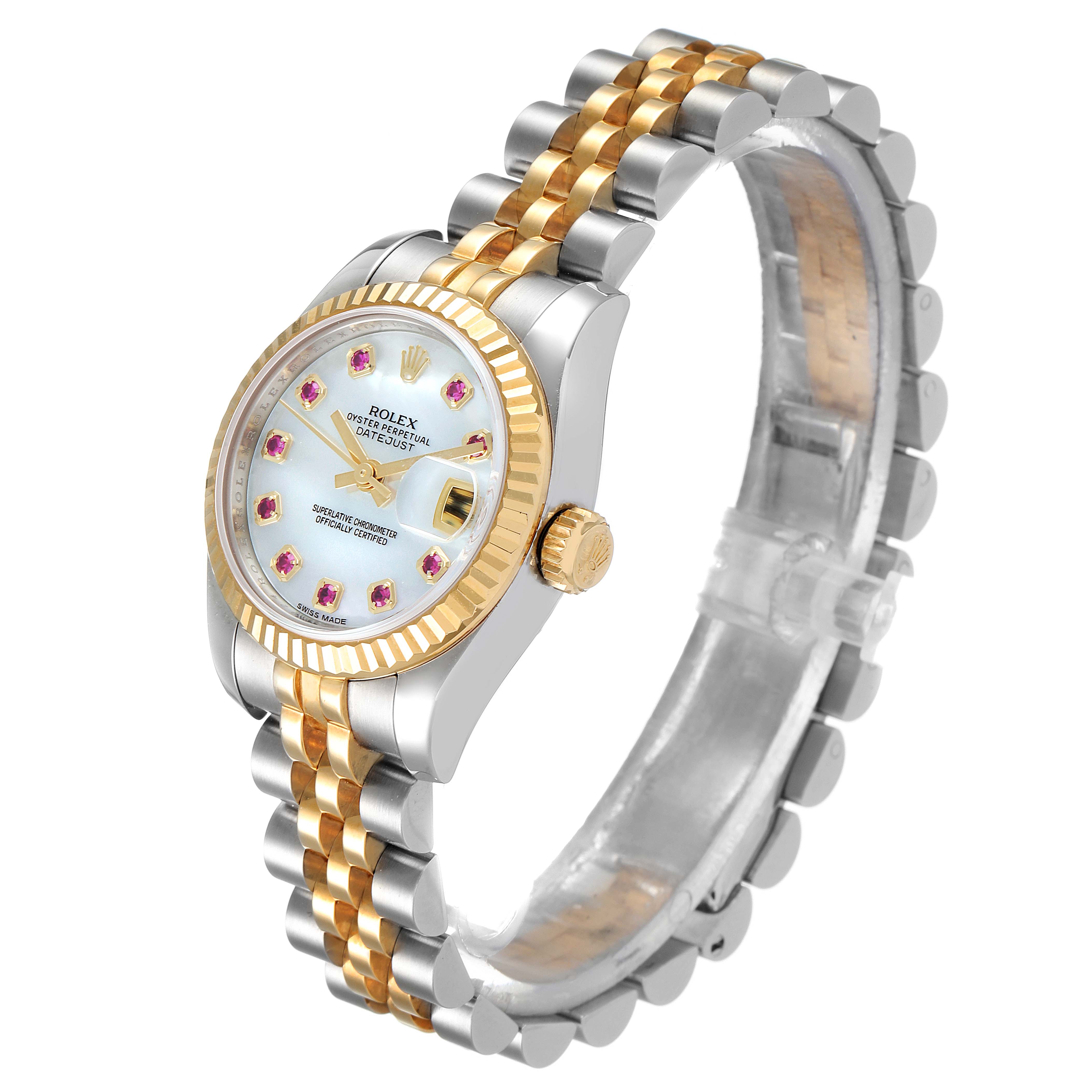The Rolex Datejust 179173 Women's Steel and Gold (two tone) Mother of Pearl Dial 179173 Women's Steel and Gold (two tone) Mother of Pearl Dial watch is shown at a slight angle, highlighting the dial, fluted bezel, and jubilee bracelet.