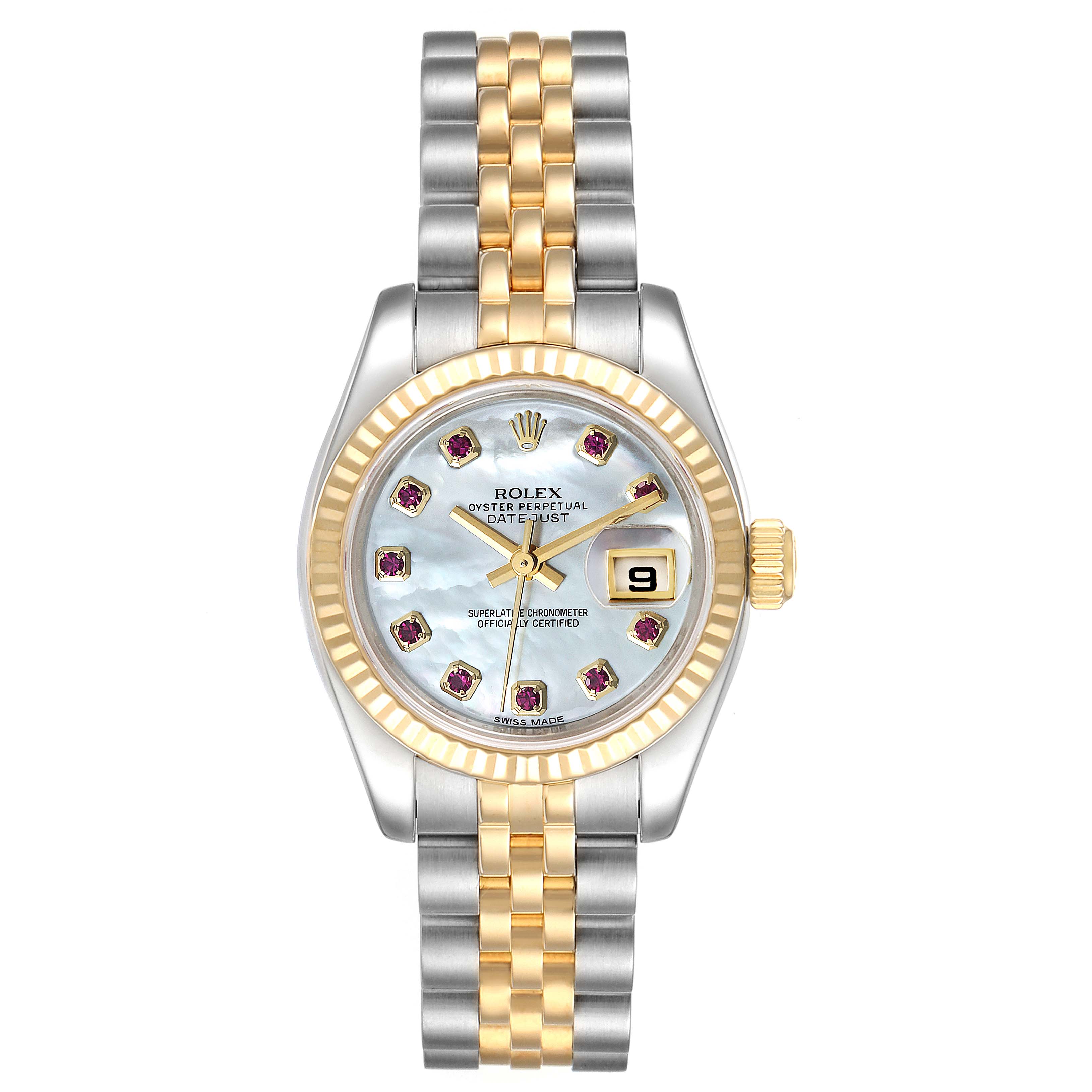The image shows a Rolex Datejust 179173 Women's Steel and Gold (two tone) Mother of Pearl Dial 179173 Women's Steel and Gold (two tone) Mother of Pearl Dial watch from a front angle, highlighting the dial, bezel, and bracelet.