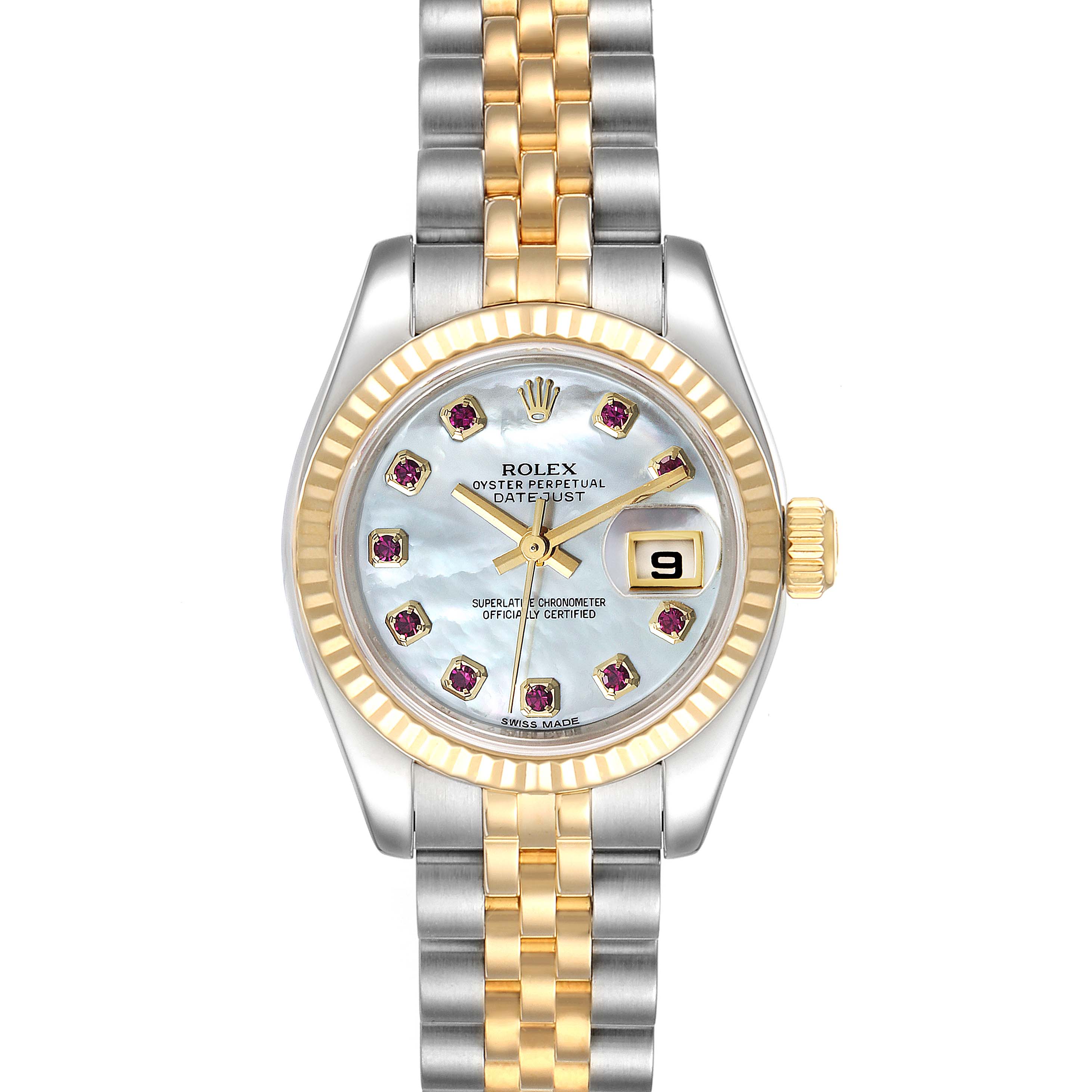 The image shows a front view of a Rolex Datejust 179173 Women's Steel and Gold (two tone) Mother of Pearl Dial 179173 Women's Steel and Gold (two tone) Mother of Pearl Dial watch, highlighting its dial, bracelet, and bezel.