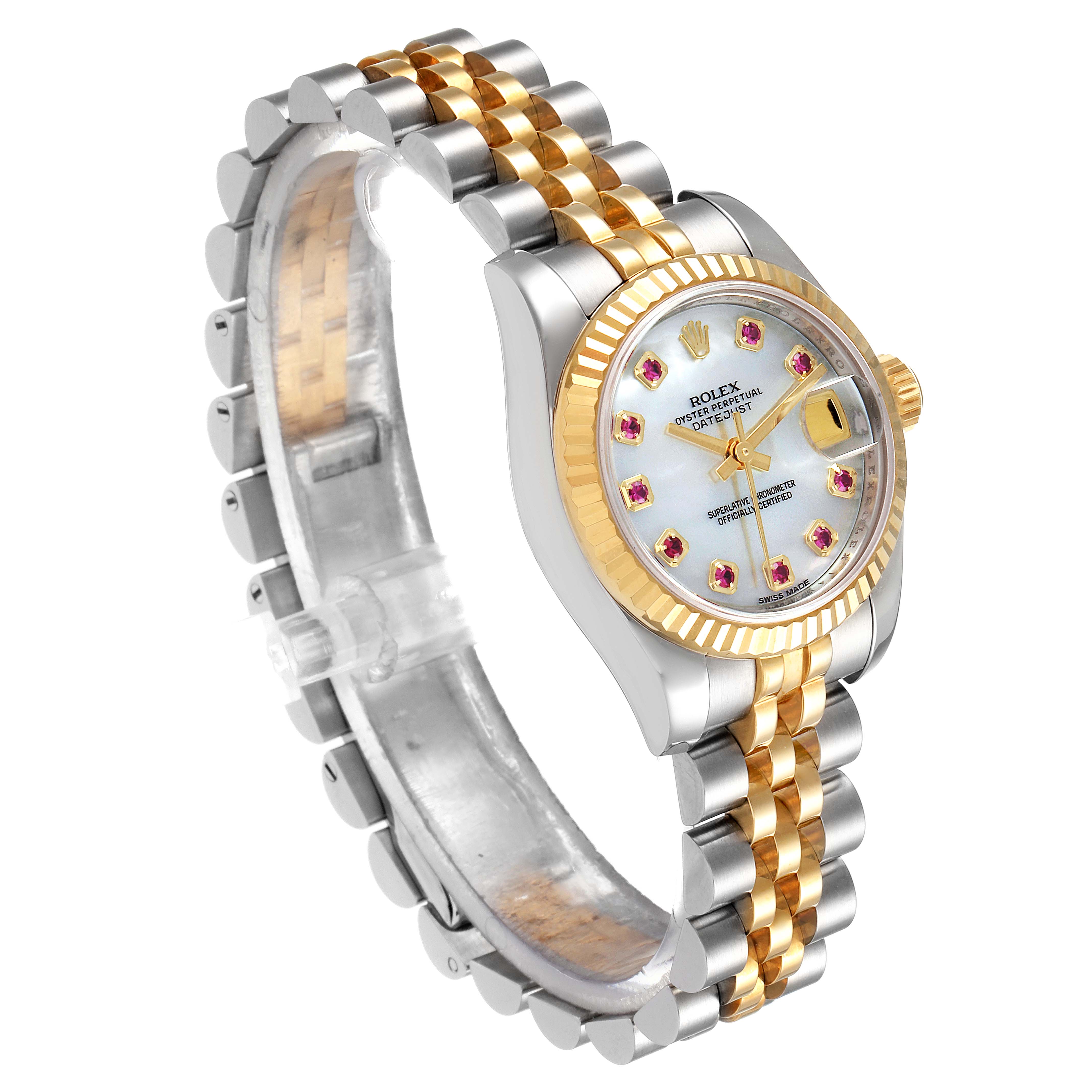 The image shows a Rolex Datejust 179173 Women's Steel and Gold (two tone) Mother of Pearl Dial 179173 Women's Steel and Gold (two tone) Mother of Pearl Dial watch at an angled side view, displaying the dial, case, bezel, and bracelet.