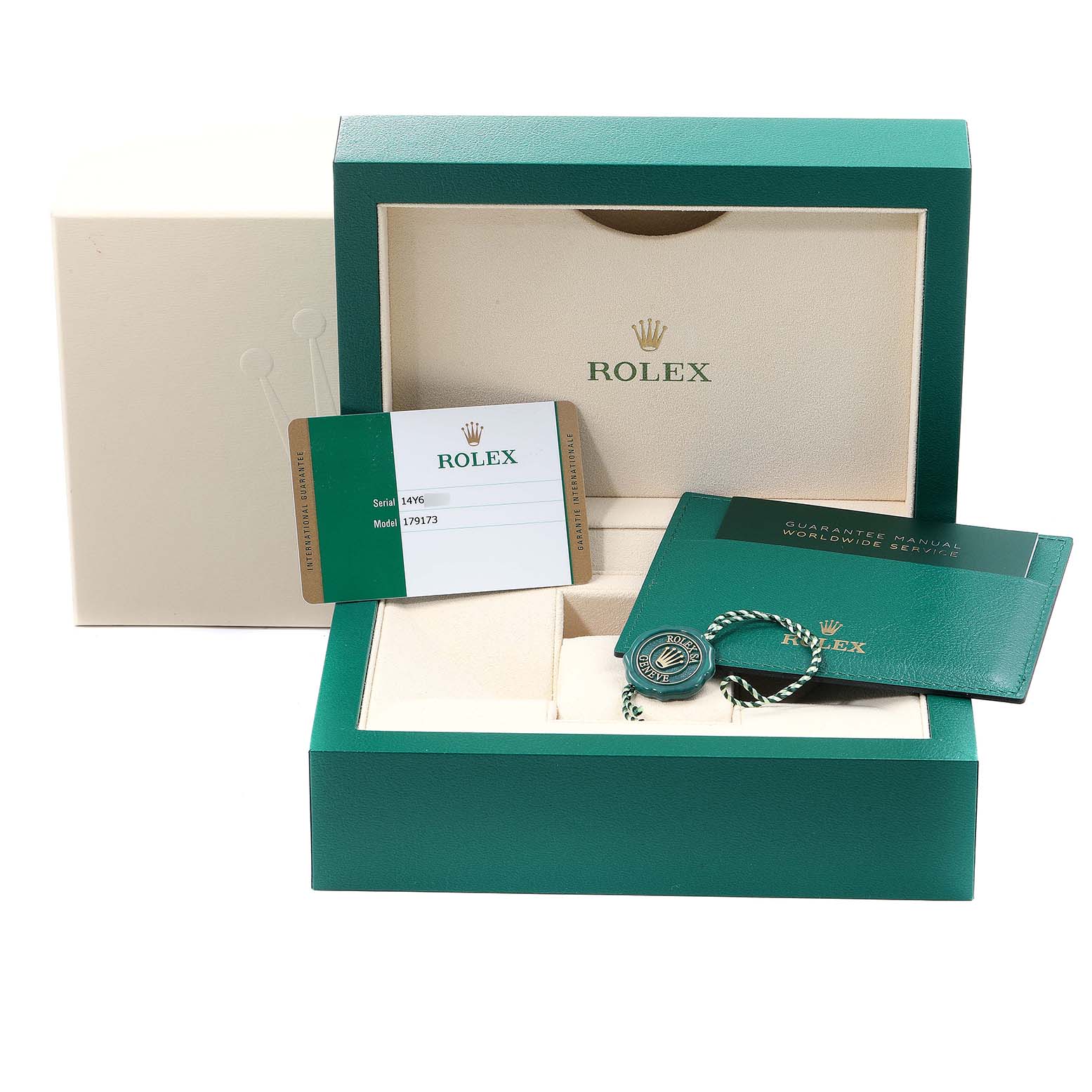 This image shows a Rolex Datejust 179173 Women's Steel and Gold (two tone) Mother of Pearl Dial 179173 Women's Steel and Gold (two tone) Mother of Pearl Dial box with warranty card, manuals, and tags from a front angle.