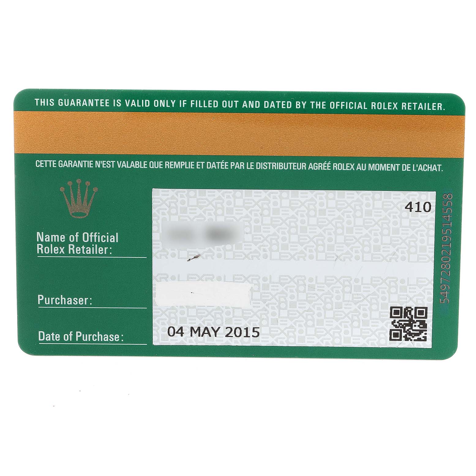 The image shows a warranty card for a Rolex Datejust 179173 Women's Steel and Gold (two tone) Mother of Pearl Dial 179173 Women's Steel and Gold (two tone) Mother of Pearl Dial watch, detailing the name of the retailer, purchaser, and date of purchase.