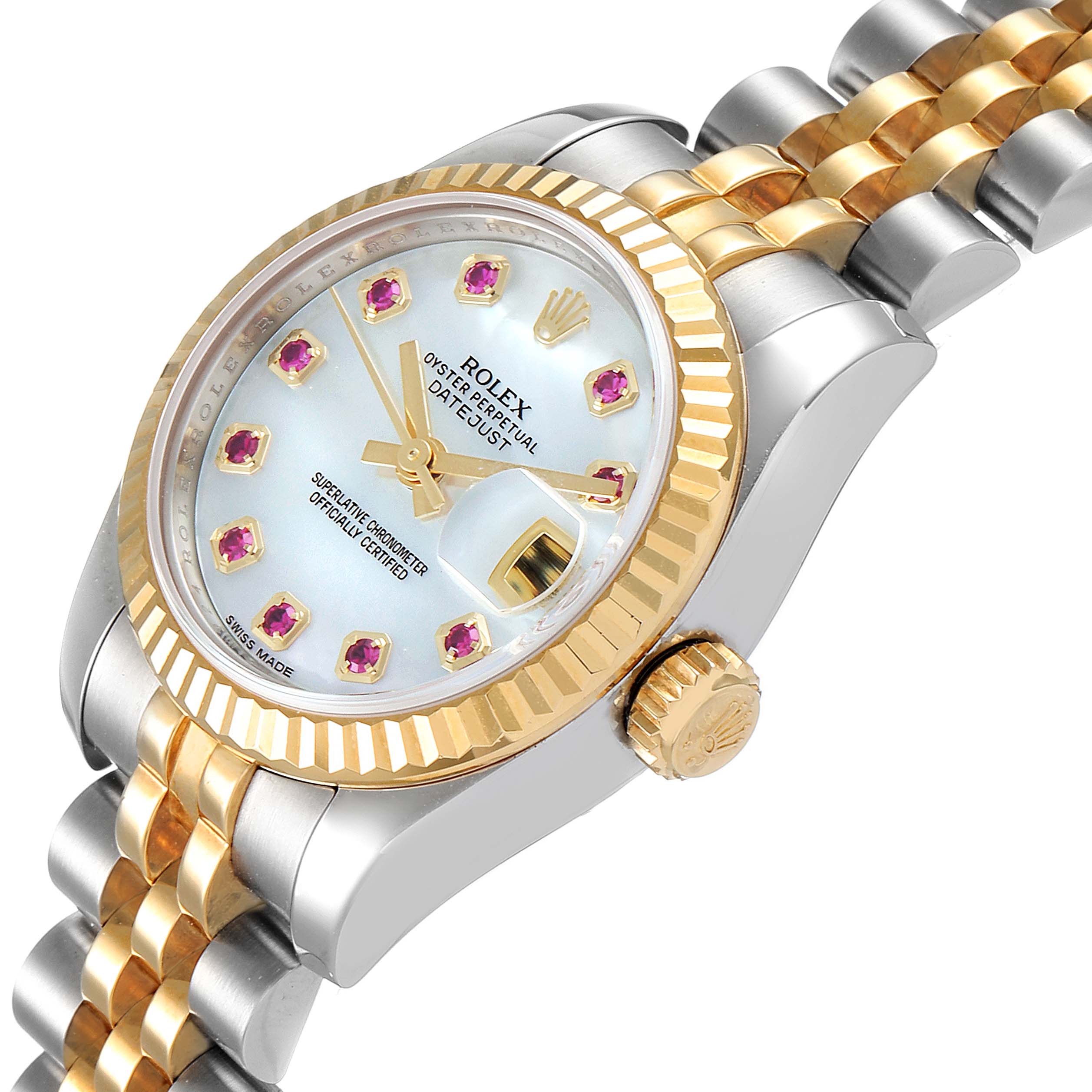 This Rolex Datejust 179173 Women's Steel and Gold (two tone) Mother of Pearl Dial 179173 Women's Steel and Gold (two tone) Mother of Pearl Dial watch is shown from an angled perspective, highlighting the dial, crown, and bracelet.