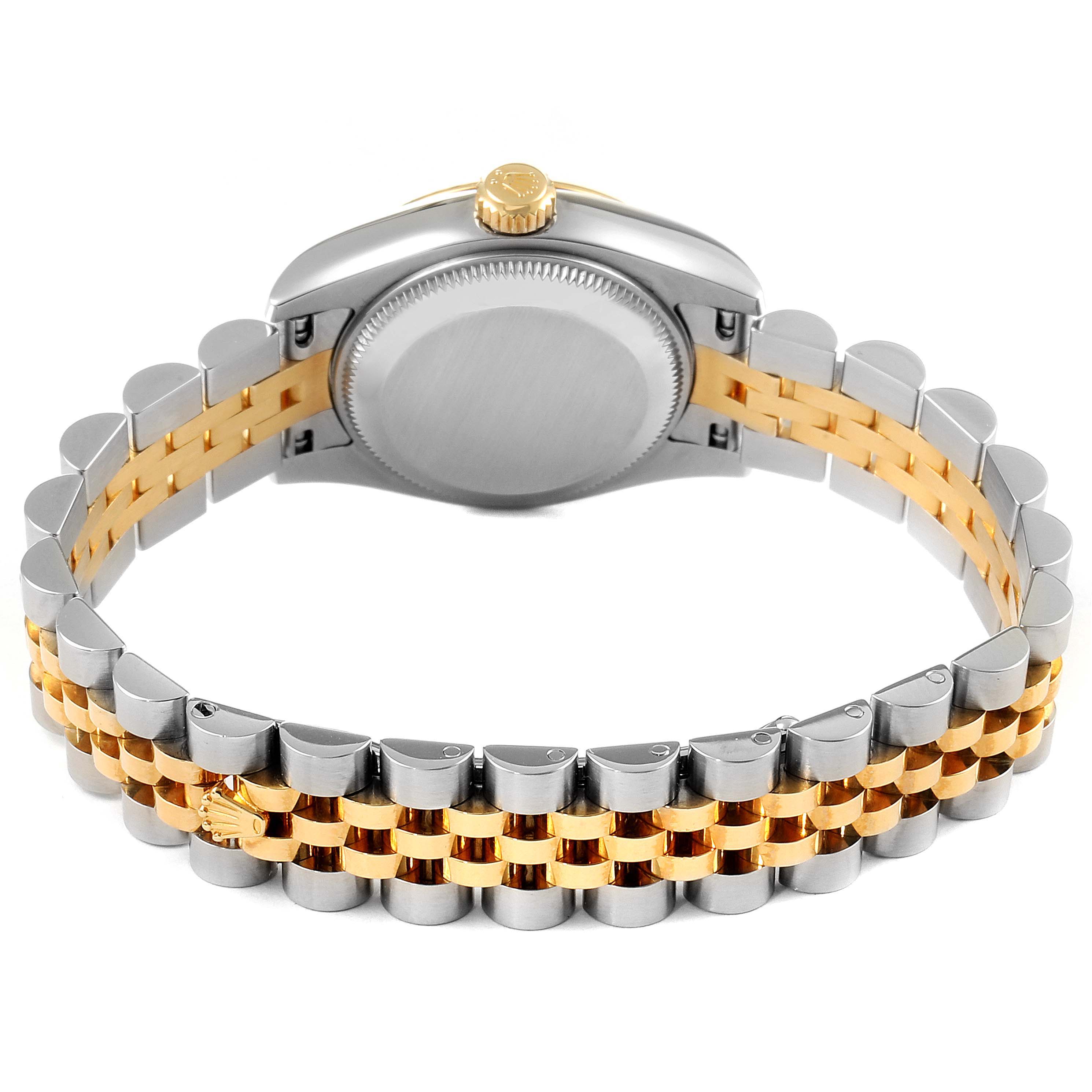 The image shows the back case and two-tone Jubilee bracelet of a Rolex Datejust 179173 Women's Steel and Gold (two tone) Mother of Pearl Dial 179173 Women's Steel and Gold (two tone) Mother of Pearl Dial watch from a rear angle.