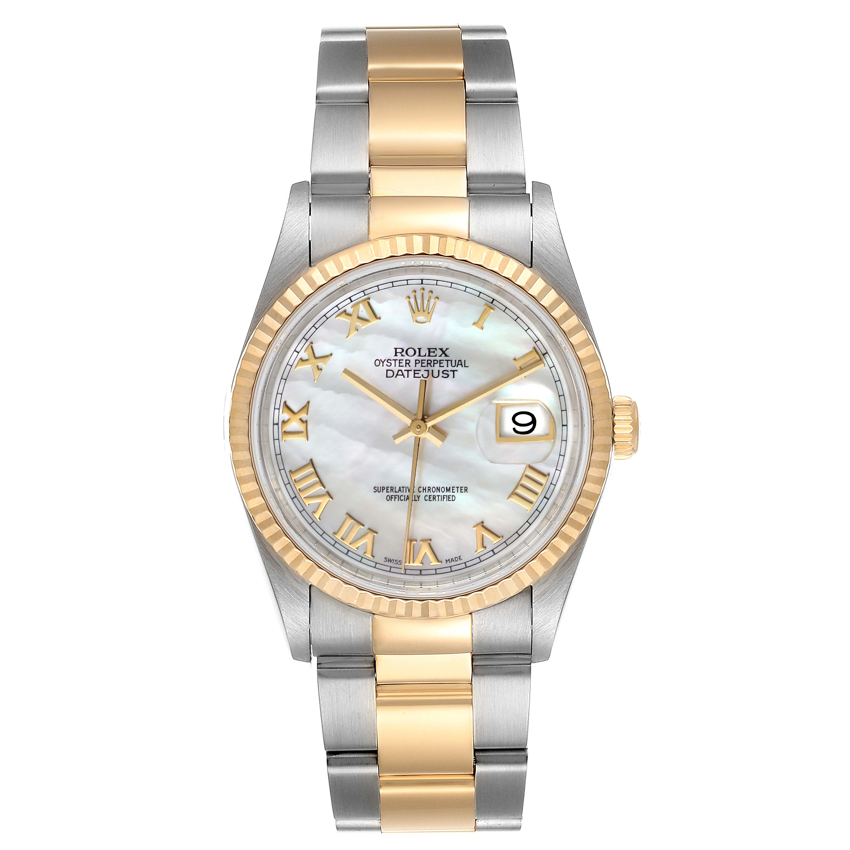 The image shows a front view of a Rolex Datejust 16233 Men's Steel and Gold (two tone) Mother of Pearl Dial 16233 Men's Steel and Gold (two tone) Mother of Pearl Dial watch, highlighting its dial, bezel, and bracelet.