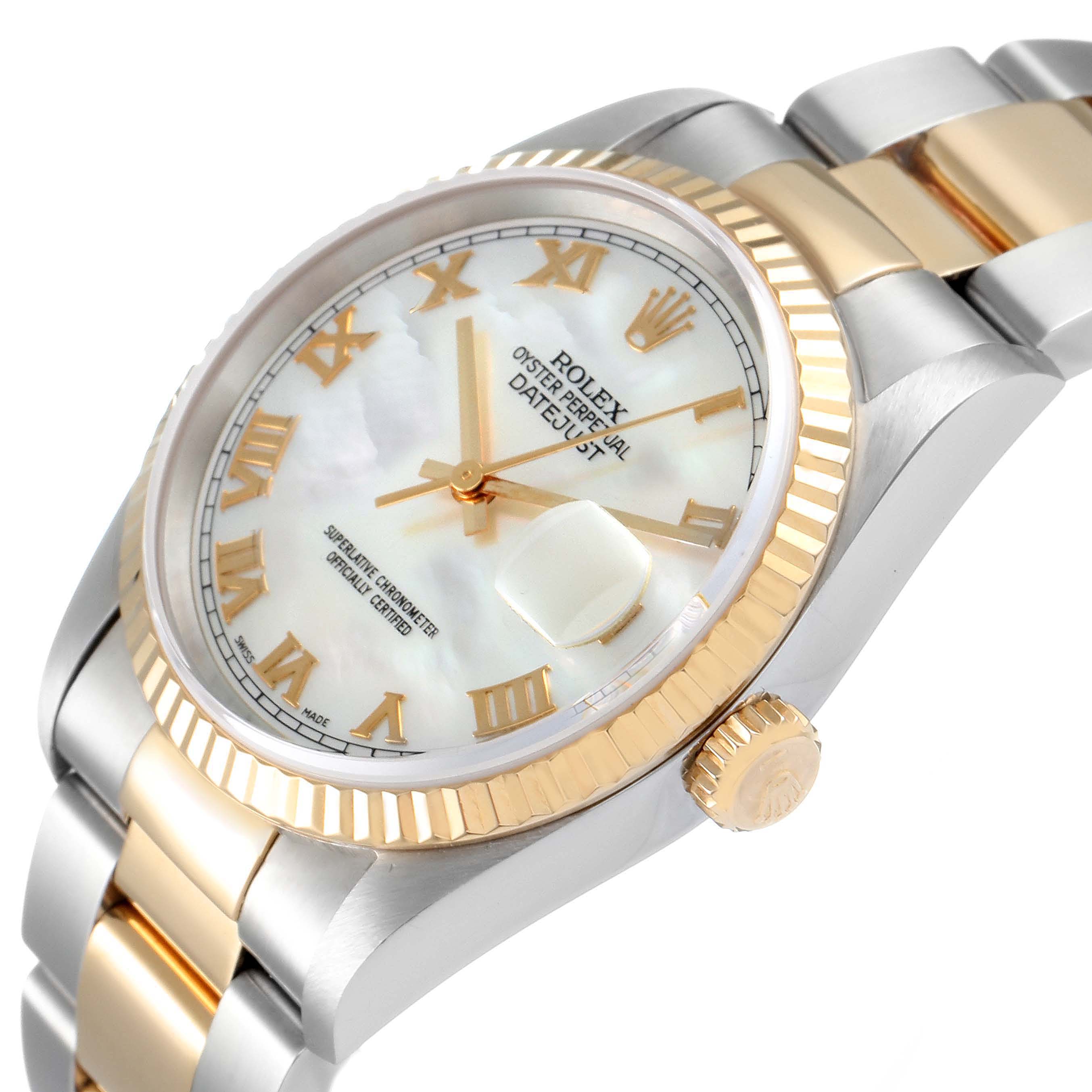 The image shows a diagonal view of a Rolex Datejust 16233 Men's Steel and Gold (two tone) Mother of Pearl Dial 16233 Men's Steel and Gold (two tone) Mother of Pearl Dial watch, highlighting its face, bezel, and part of the bracelet.