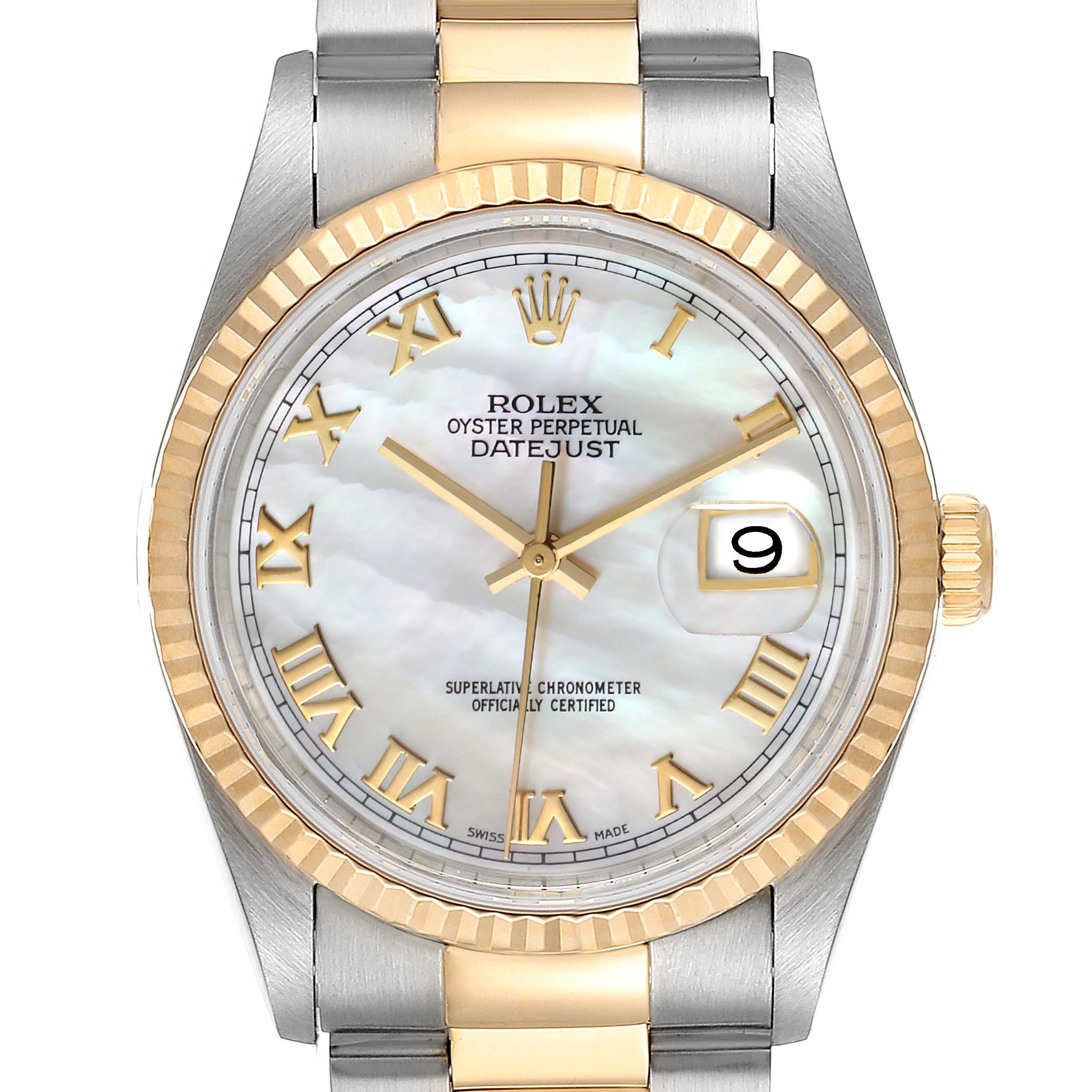 The image shows a front view of a Rolex Datejust 16233 Men's Steel and Gold (two tone) Mother of Pearl Dial 16233 Men's Steel and Gold (two tone) Mother of Pearl Dial watch, highlighting the dial, bezel, crown, and part of the bracelet.