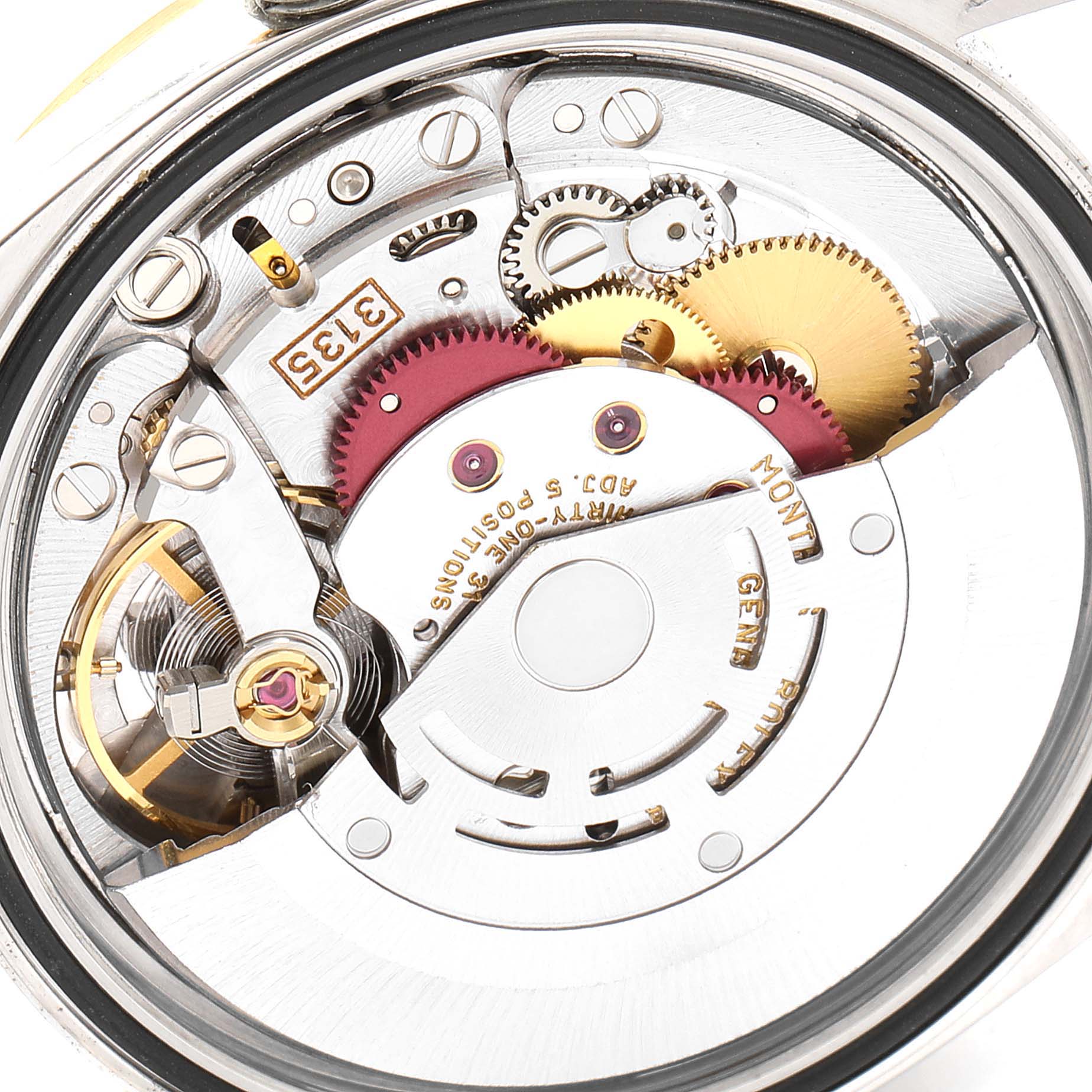 The image shows a close-up angle of the inner mechanical components of a Rolex Datejust 16233 Men's Steel and Gold (two tone) Mother of Pearl Dial 16233 Men's Steel and Gold (two tone) Mother of Pearl Dial watch.