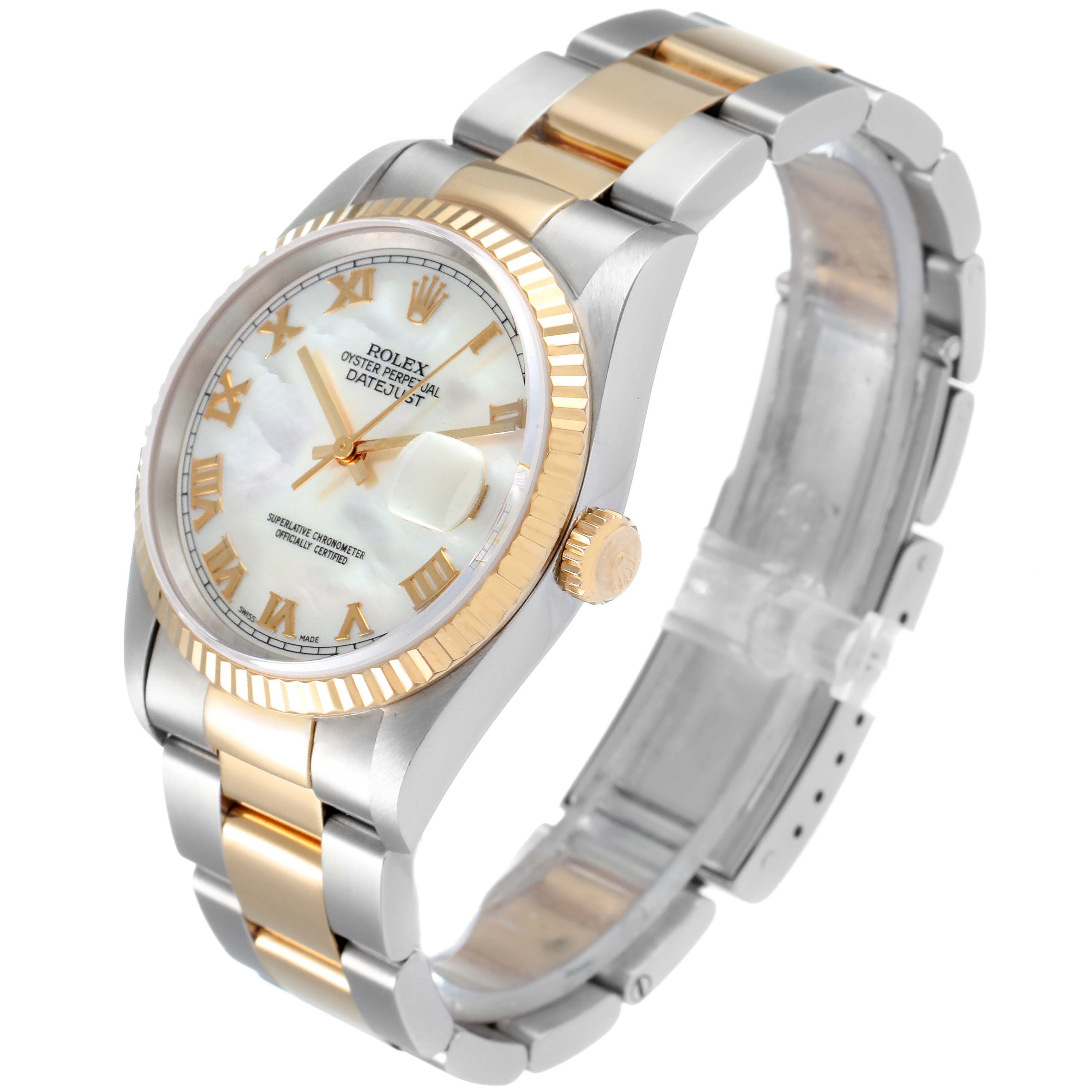 This image shows a Rolex Datejust 16233 Men's Steel and Gold (two tone) Mother of Pearl Dial 16233 Men's Steel and Gold (two tone) Mother of Pearl Dial watch at a three-quarter angle, highlighting its bezel, dial, crown, and bracelet.