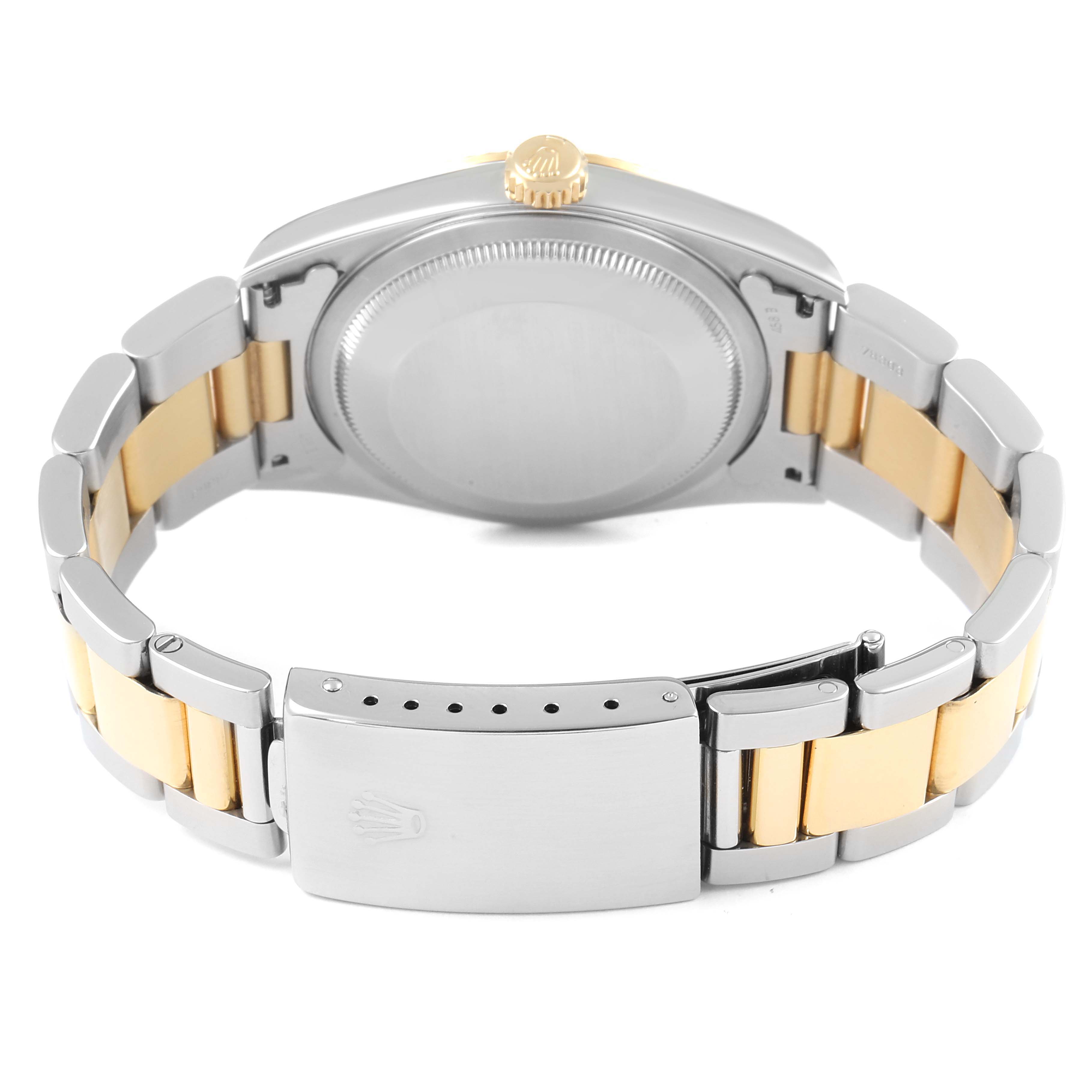 The image shows the back of a Rolex Datejust 16233 Men's Steel and Gold (two tone) Mother of Pearl Dial 16233 Men's Steel and Gold (two tone) Mother of Pearl Dial watch, highlighting the bracelet and clasp.