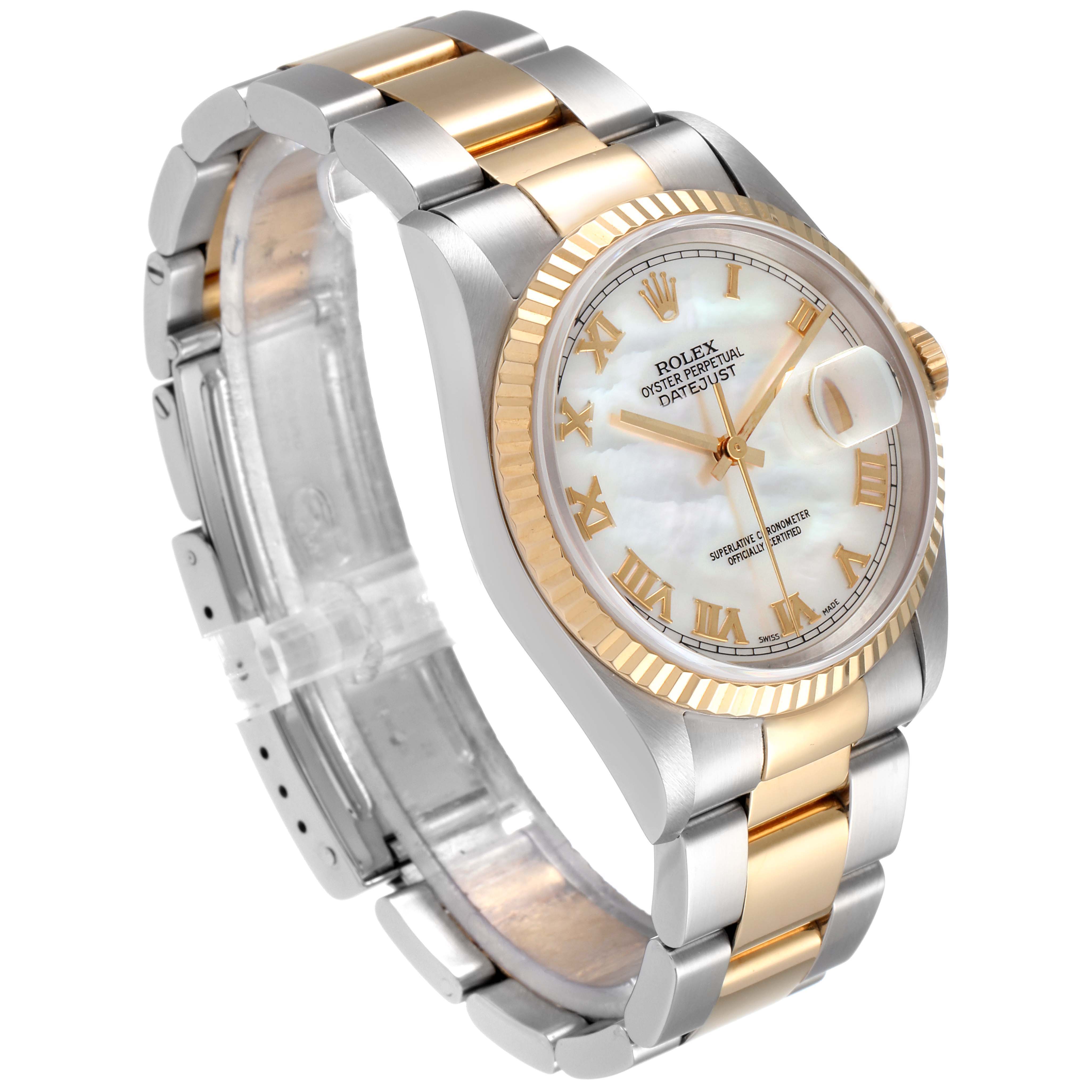 The Rolex Datejust 16233 Men's Steel and Gold (two tone) Mother of Pearl Dial 16233 Men's Steel and Gold (two tone) Mother of Pearl Dial watch is shown at an angle highlighting the face, bezel, and part of the two-tone metal band.