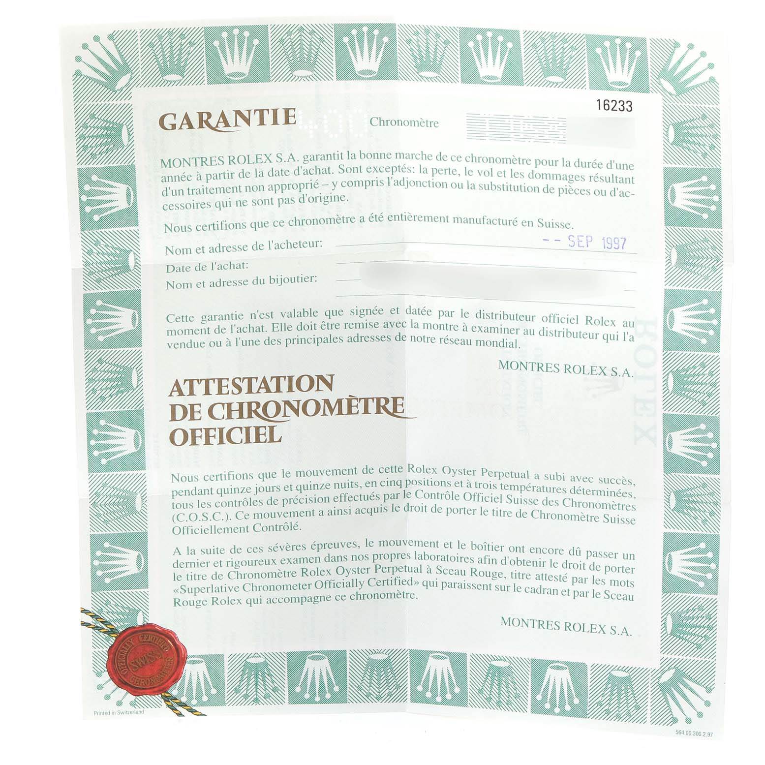 The image shows a warranty and official chronometer certificate for the Rolex Datejust 16233 Men's Steel and Gold (two tone) Mother of Pearl Dial 16233 Men's Steel and Gold (two tone) Mother of Pearl Dial model, viewed from above.