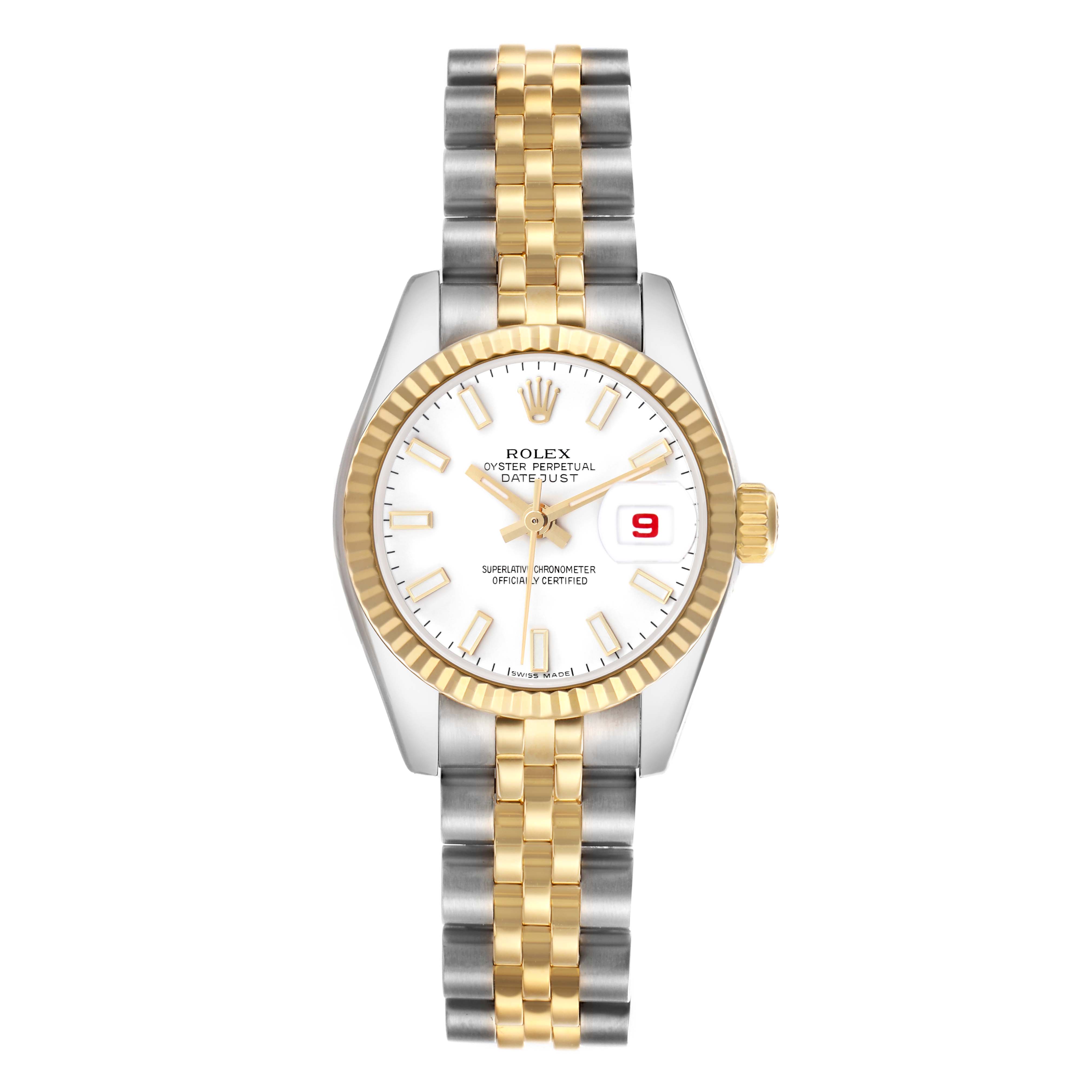 The Rolex Datejust 179173 Women's Steel and Gold (two tone) White Dial 179173 Women's Steel and Gold (two tone) White Dial watch is shown from a top-down angle, highlighting the face, bezel, and two-tone bracelet.