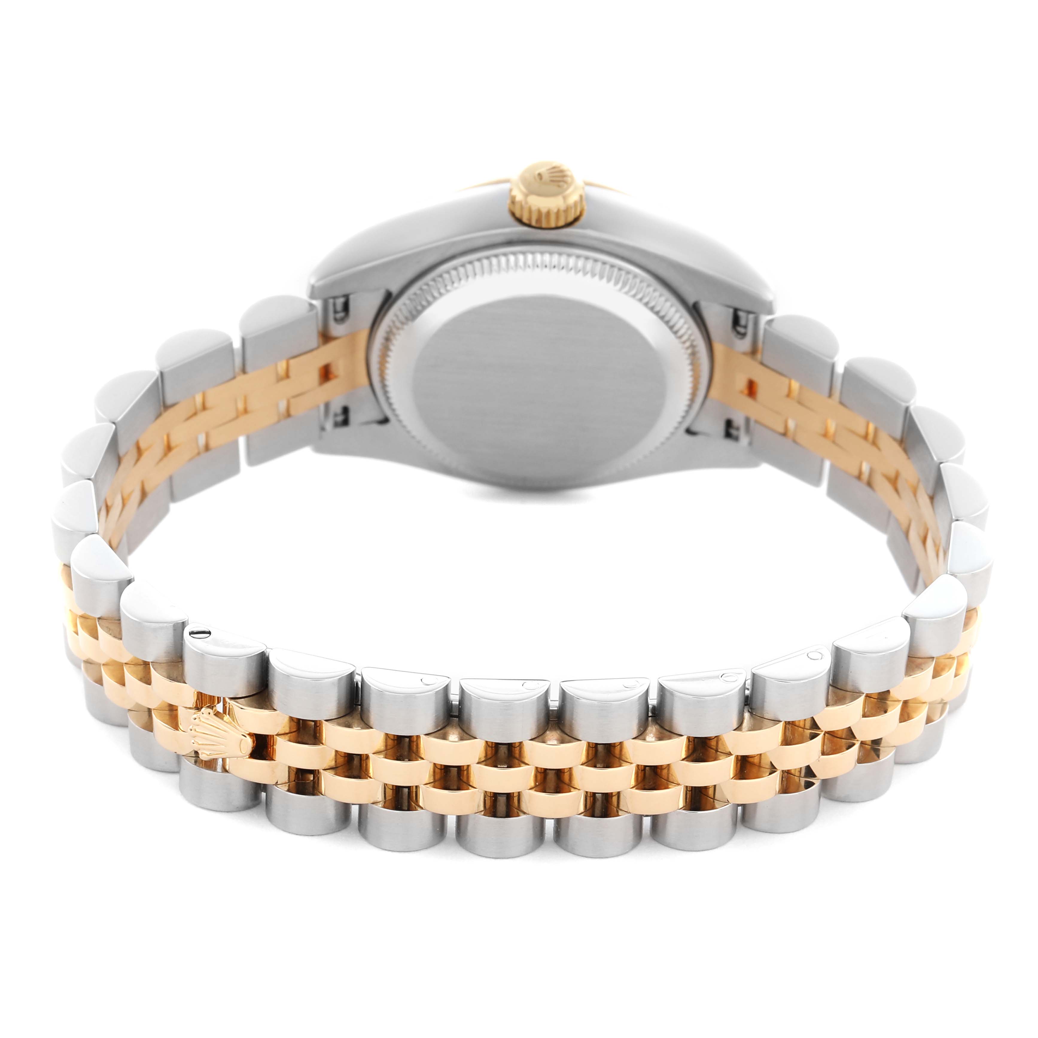 The image shows the back view of a Rolex Datejust 179173 Women's Steel and Gold (two tone) White Dial 179173 Women's Steel and Gold (two tone) White Dial watch, highlighting the bracelet and case back.