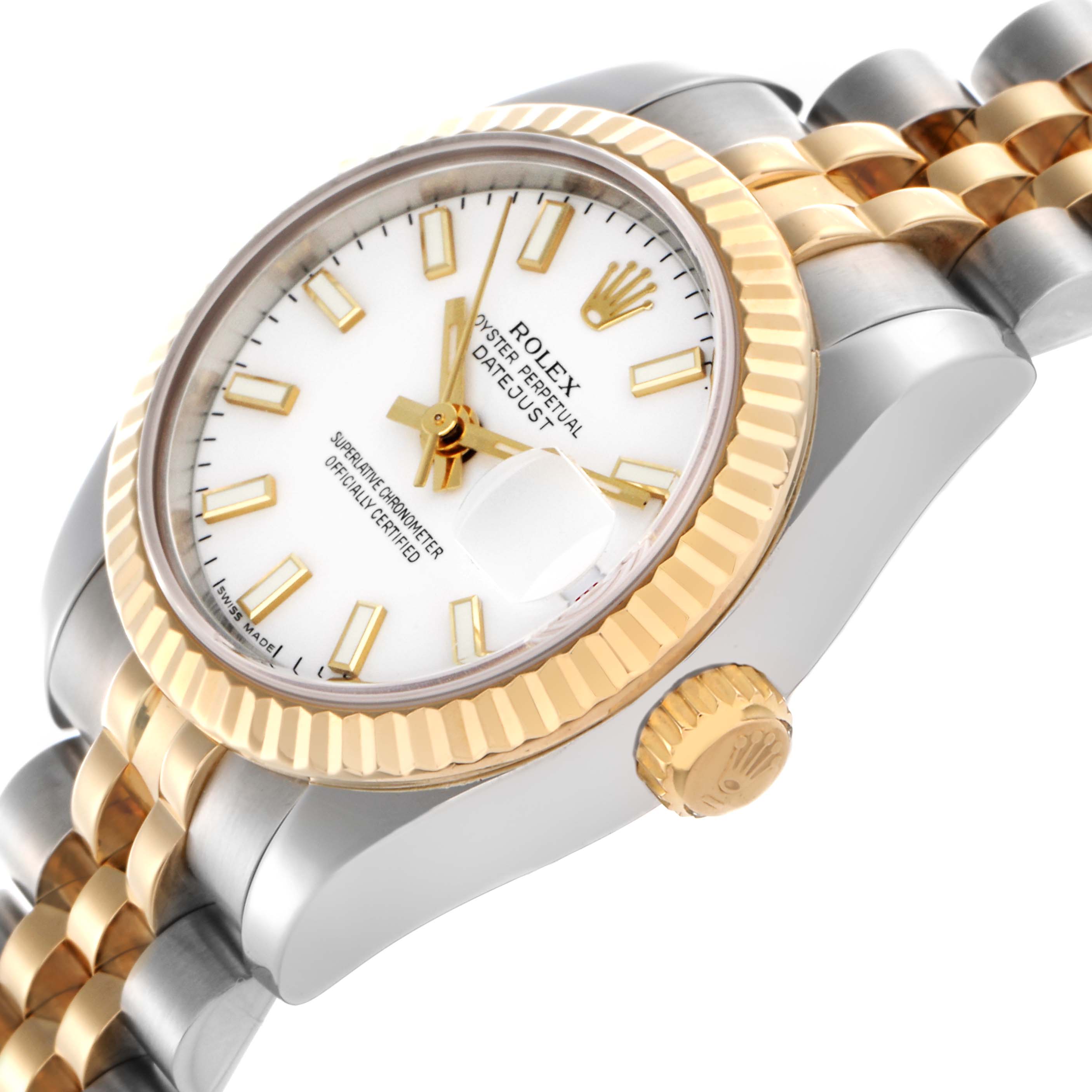 The Rolex Datejust 179173 Women's Steel and Gold (two tone) White Dial 179173 Women's Steel and Gold (two tone) White Dial watch is shown at an angle displaying the dial, fluted bezel, crown, and part of the bracelet.
