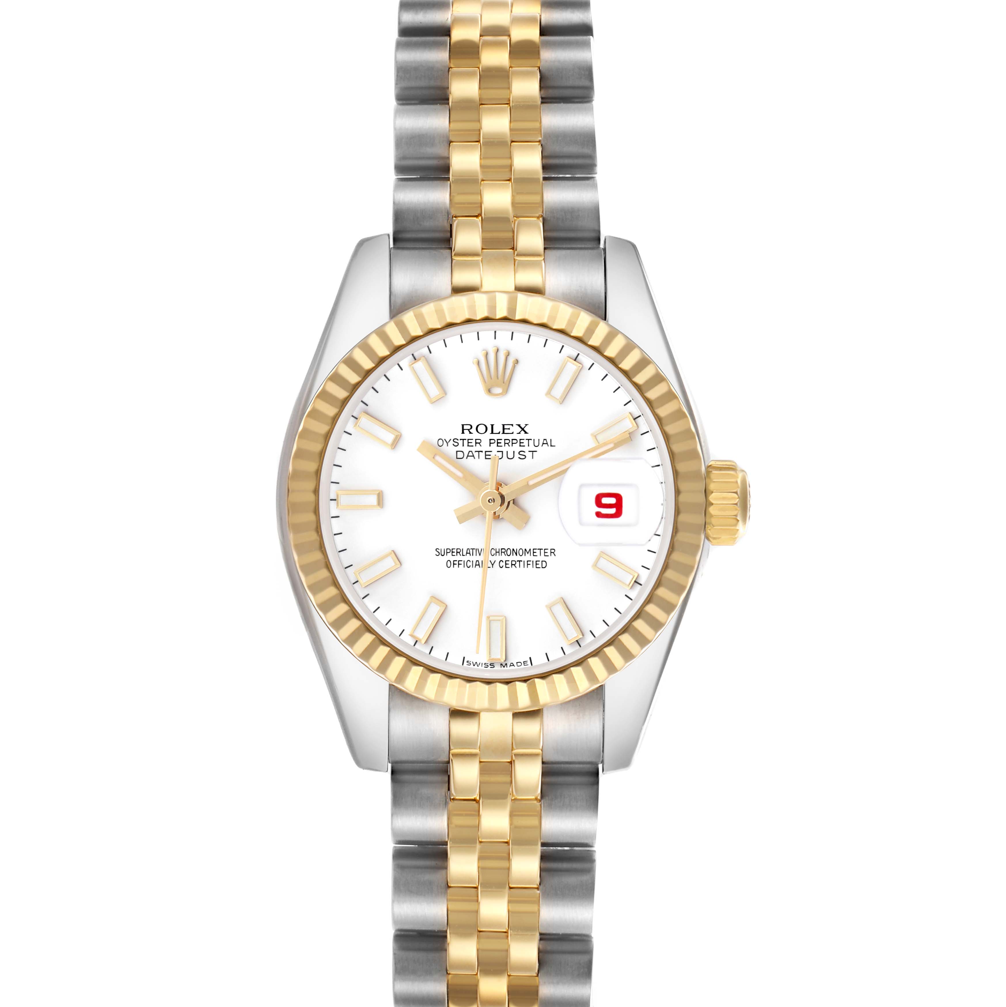 The Rolex Datejust 179173 Women's Steel and Gold (two tone) White Dial 179173 Women's Steel and Gold (two tone) White Dial watch is shown from a top angle, displaying its face, bezel, hands, date, and two-tone bracelet.