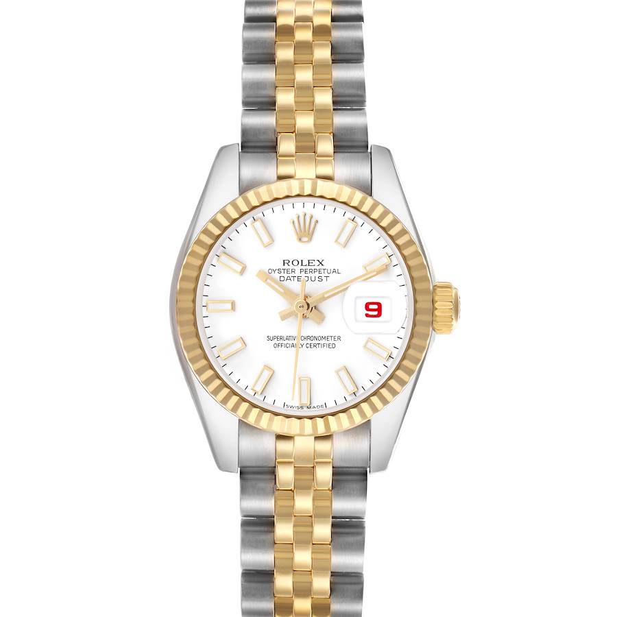 The Rolex Datejust watch is shown from a top angle, displaying its face, bezel, hands, date, and two-tone bracelet.