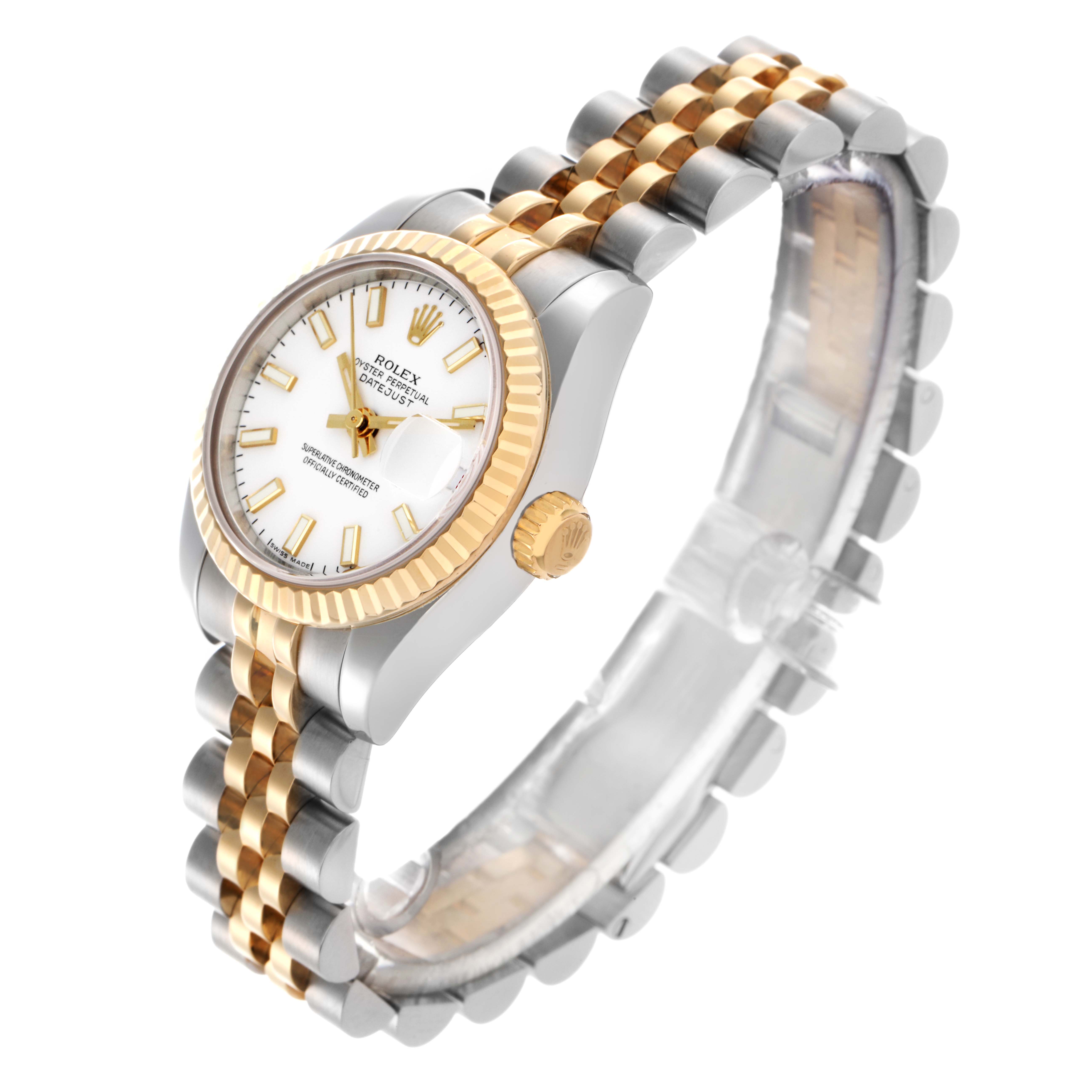 The Rolex Datejust 179173 Women's Steel and Gold (two tone) White Dial 179173 Women's Steel and Gold (two tone) White Dial watch is shown at a three-quarter angle, highlighting its bezel, dial, crown, and jubilee bracelet.