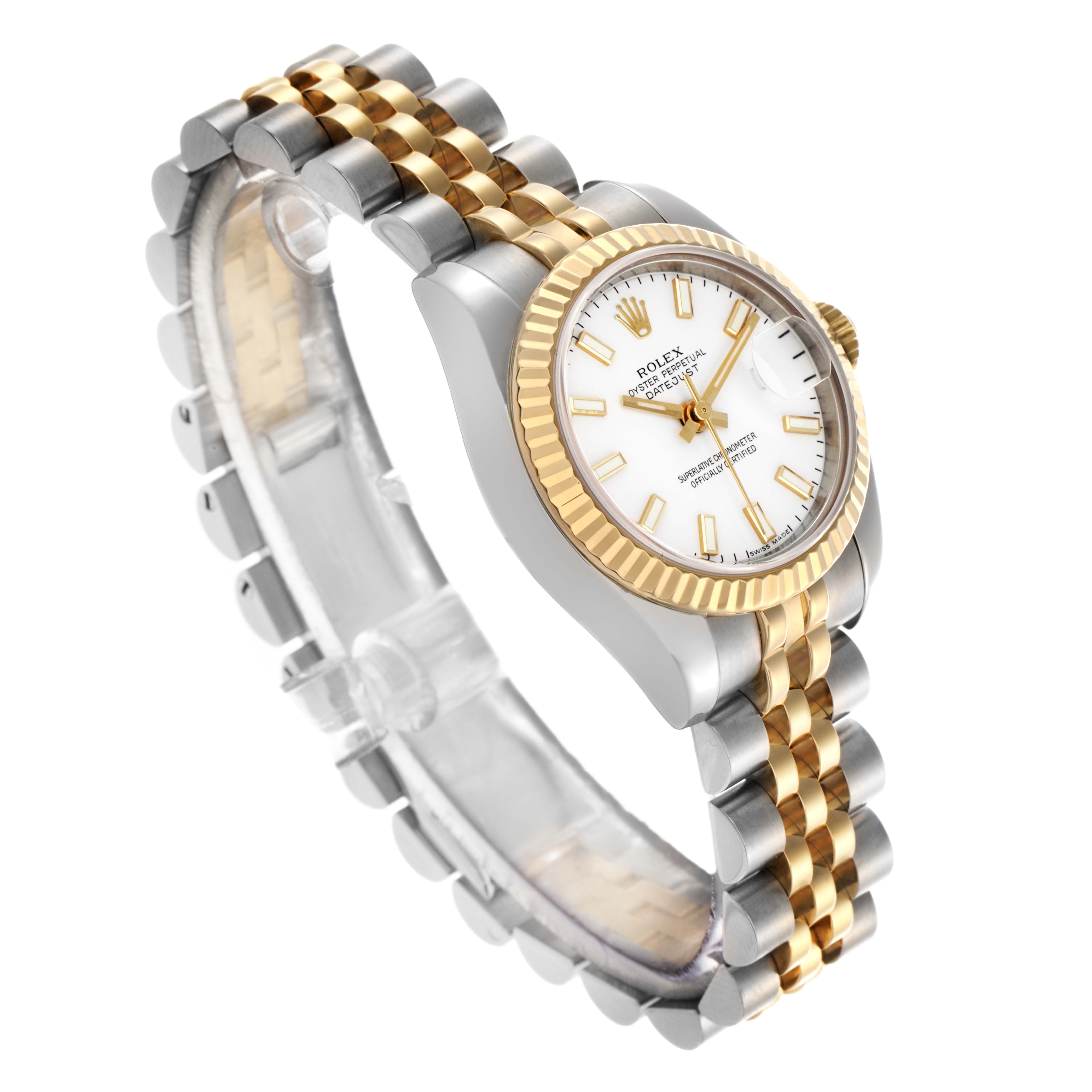The Rolex Datejust 179173 Women's Steel and Gold (two tone) White Dial 179173 Women's Steel and Gold (two tone) White Dial watch is shown at a three-quarter angle, highlighting the bezel, dial, and two-tone bracelet.