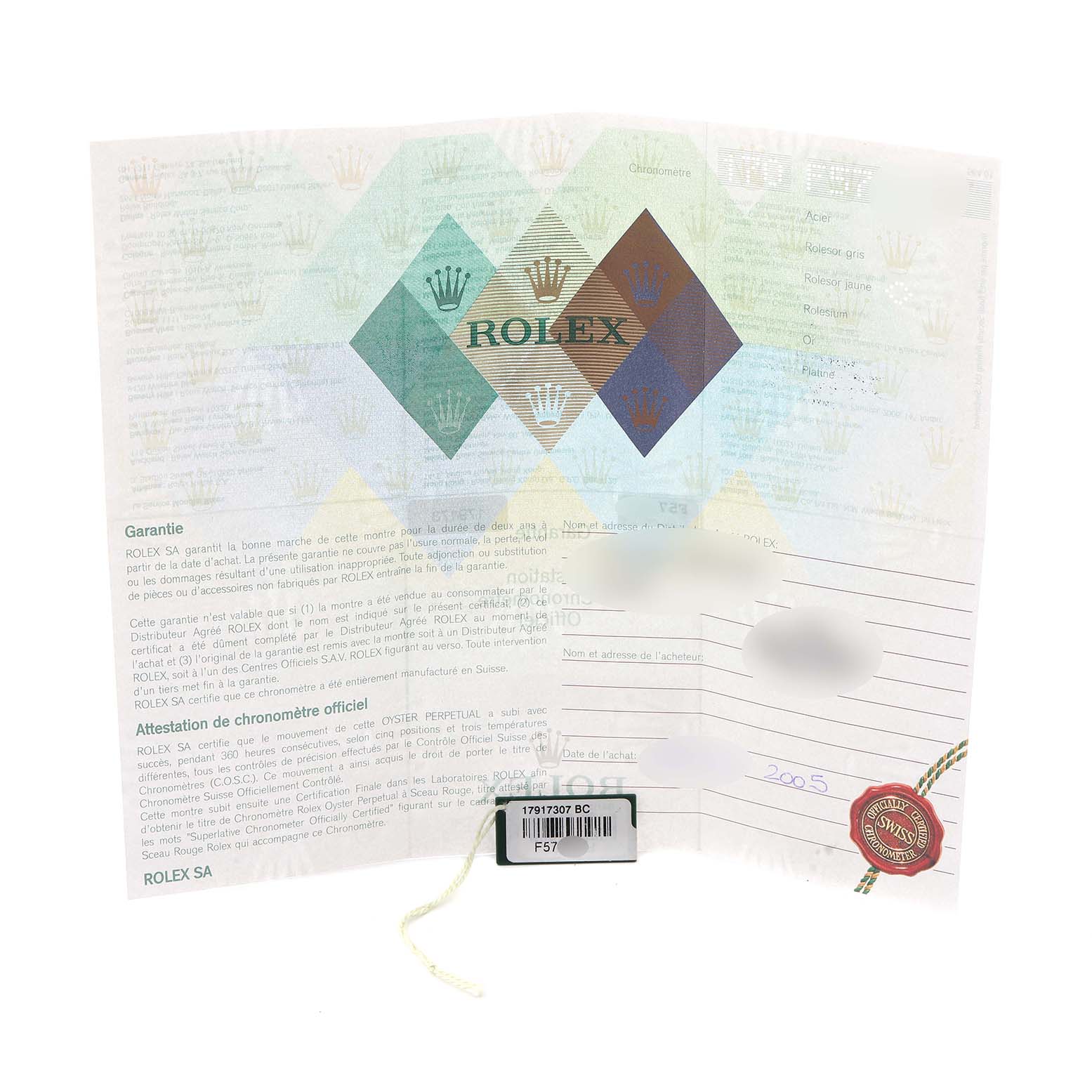 The image shows the warranty certificate for a Rolex Datejust 179173 Women's Steel and Gold (two tone) White Dial 179173 Women's Steel and Gold (two tone) White Dial watch, featuring the brand's logo and details.