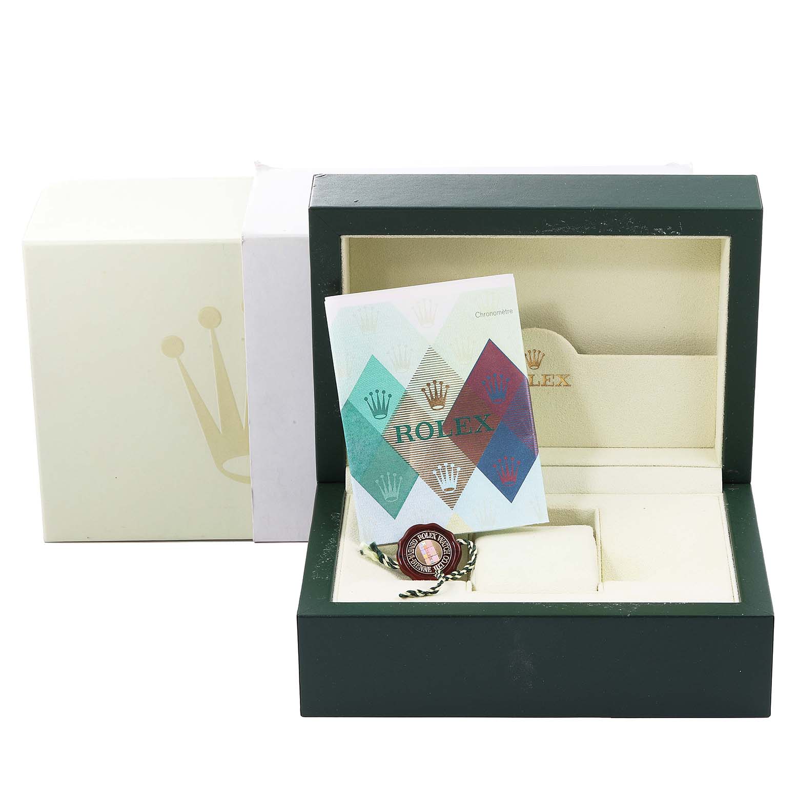 This image shows the packaging for a Rolex Turn-o-Graph 116264 Men's Stainless Steel Black Dial 116264 Men's Stainless Steel Black Dial watch, including the box, warranty card, and tag.