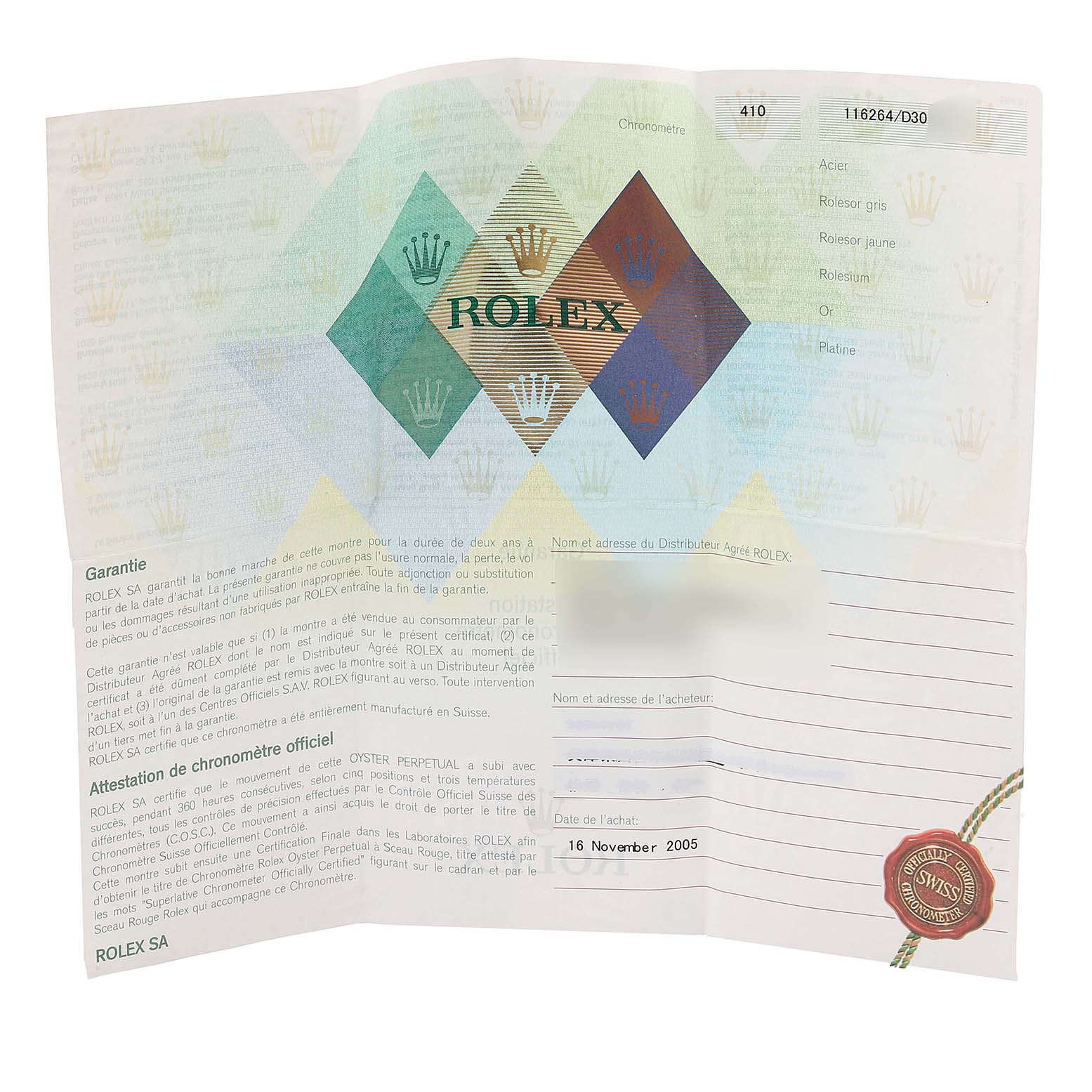 The image shows a warranty and documentation card for the Rolex Turn-o-Graph 116264 Men's Stainless Steel Black Dial 116264 Men's Stainless Steel Black Dial model.