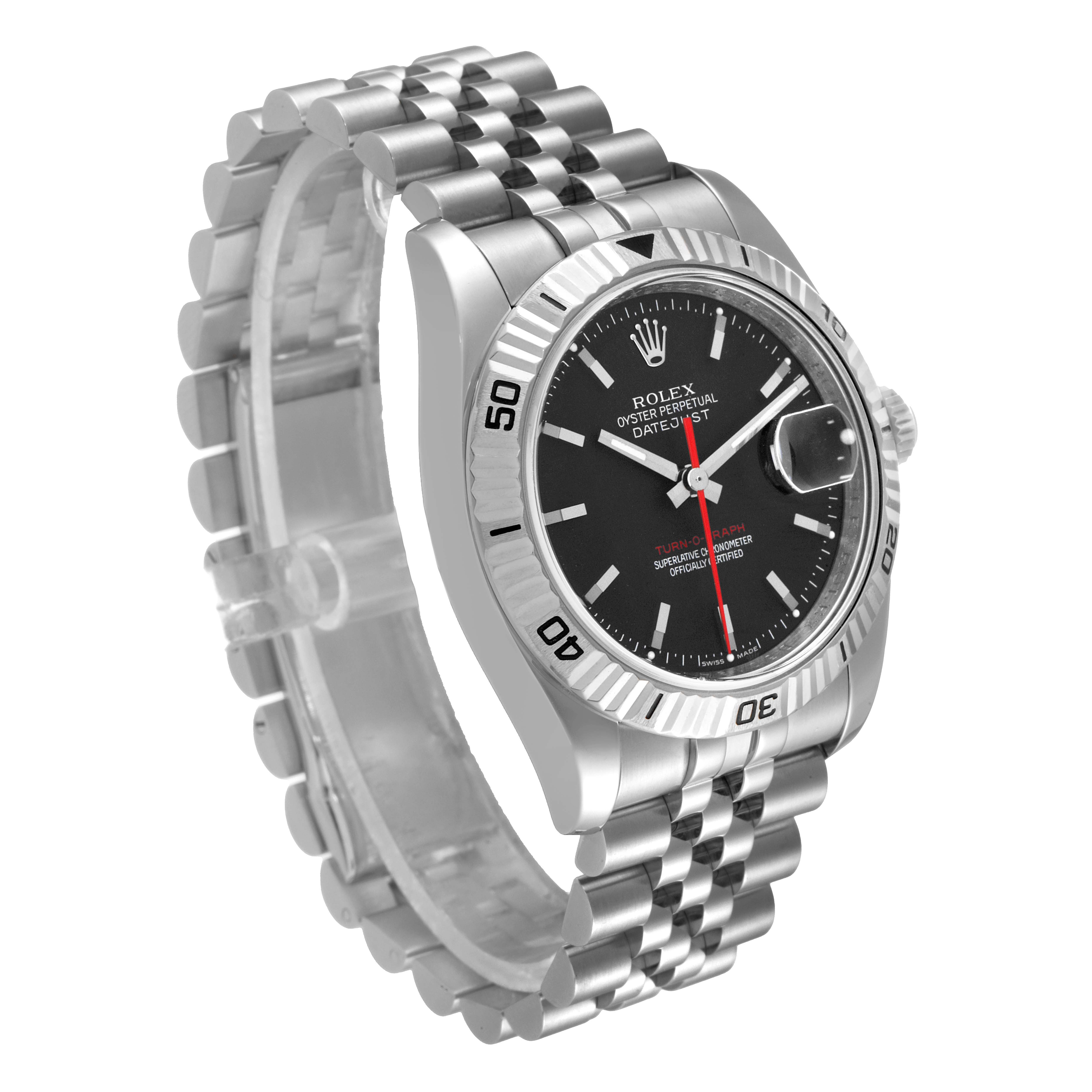 The Rolex Turn-o-Graph 116264 Men's Stainless Steel Black Dial 116264 Men's Stainless Steel Black Dial model is shown from a slight angle, displaying its bezel, dial, crown, and partial bracelet.