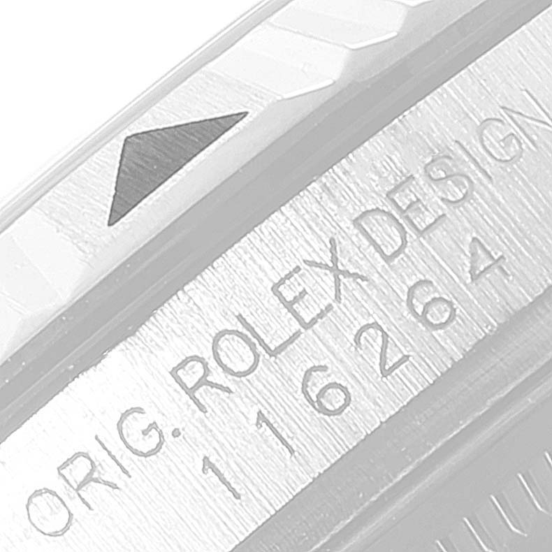 The image shows a close-up angle of the bezel and engraved reference number of the Rolex Turn-o-Graph 116264 Men's Stainless Steel Black Dial 116264 Men's Stainless Steel Black Dial watch.