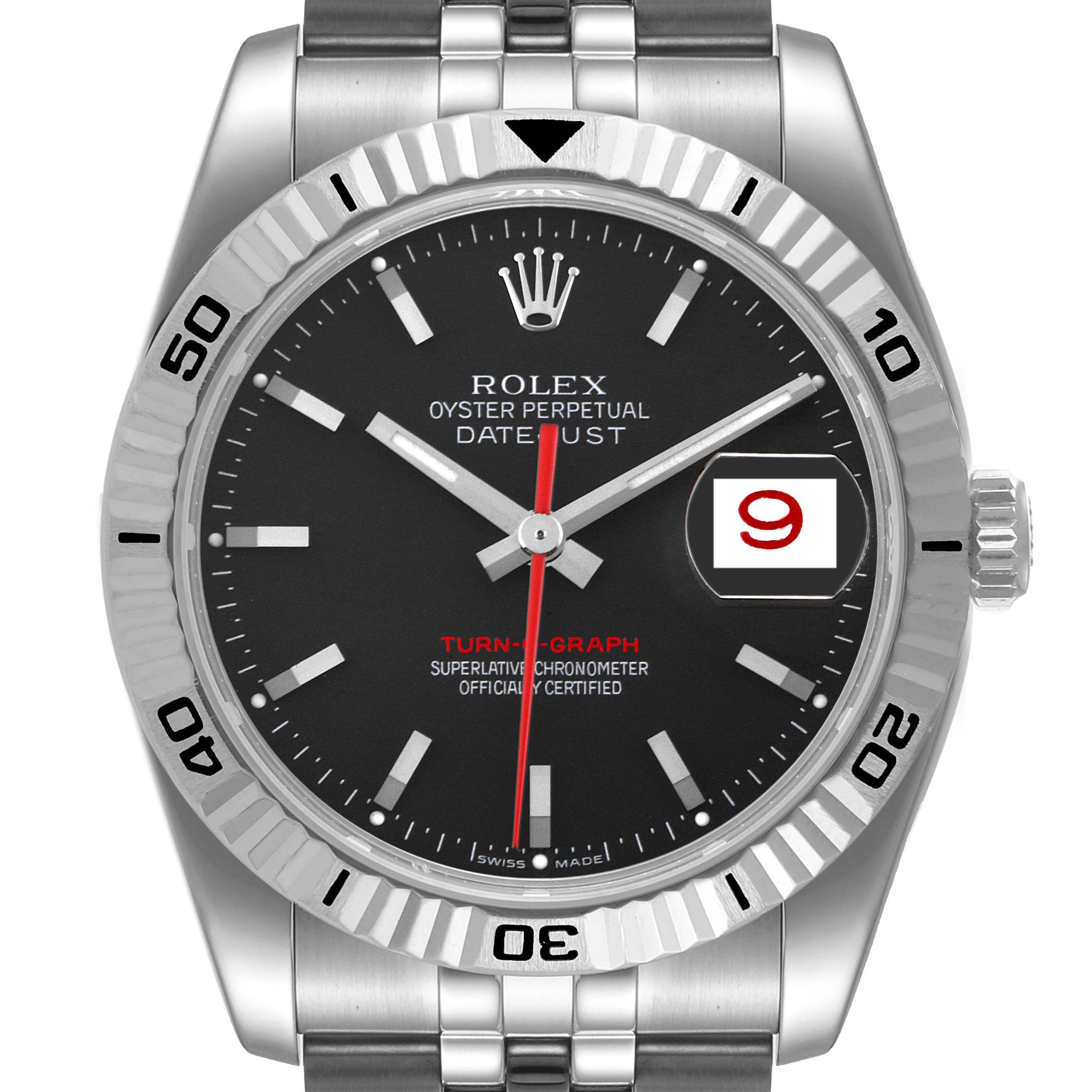 This image shows a front view of a Rolex Turn-o-Graph 116264 Men's Stainless Steel Black Dial 116264 Men's Stainless Steel Black Dial watch, highlighting the dial, bezel, crown, and part of the bracelet.